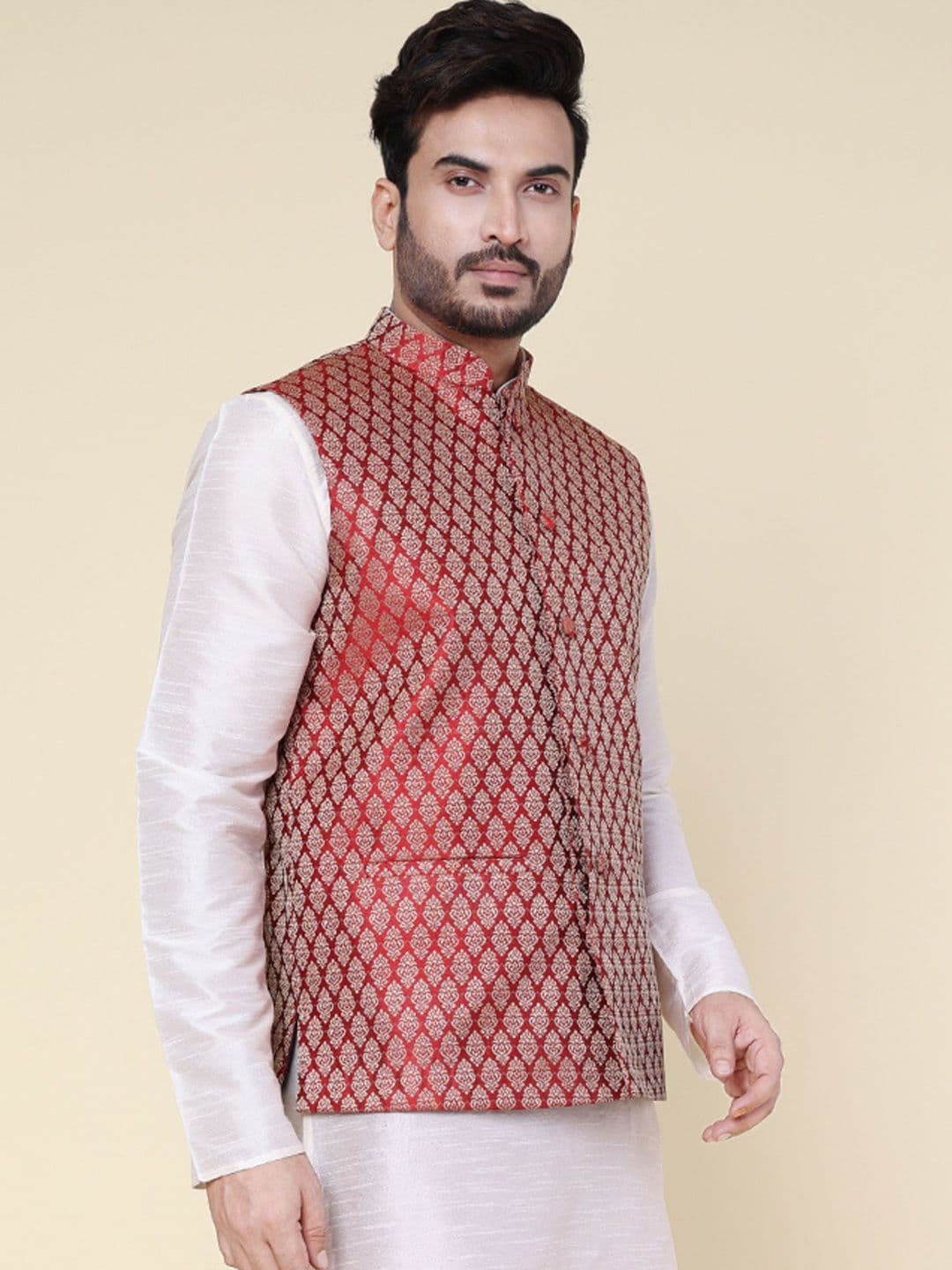 W & G Woven Design Mandarin Collar Nehru Jacket thumbnail 4