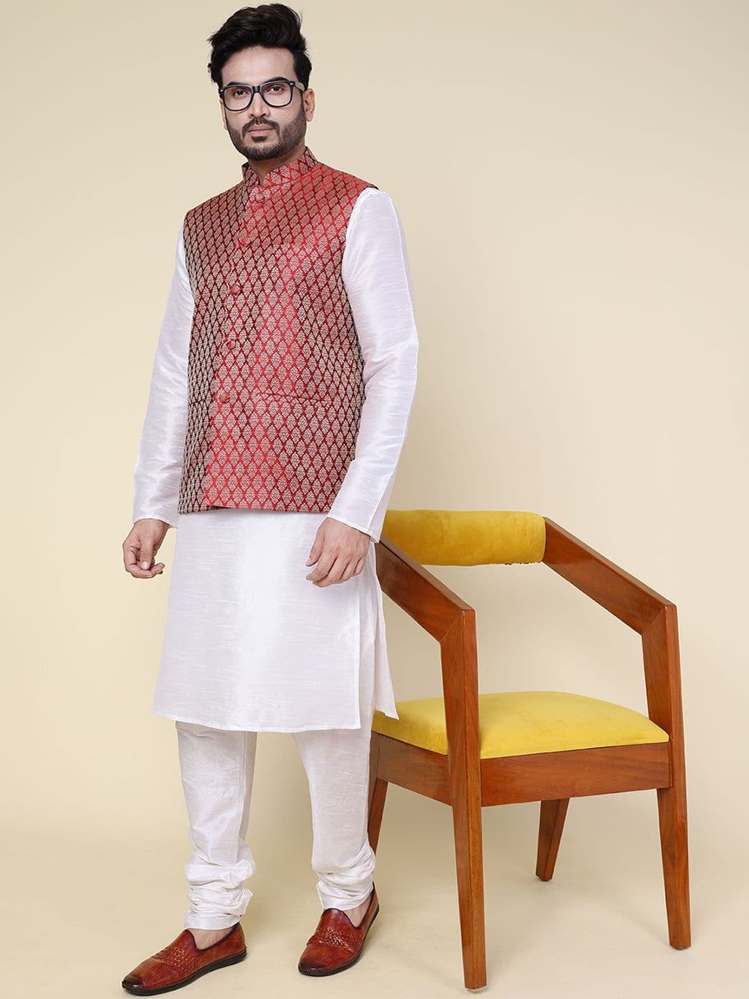 W & G Woven Design Mandarin Collar Nehru Jacket thumbnail 2