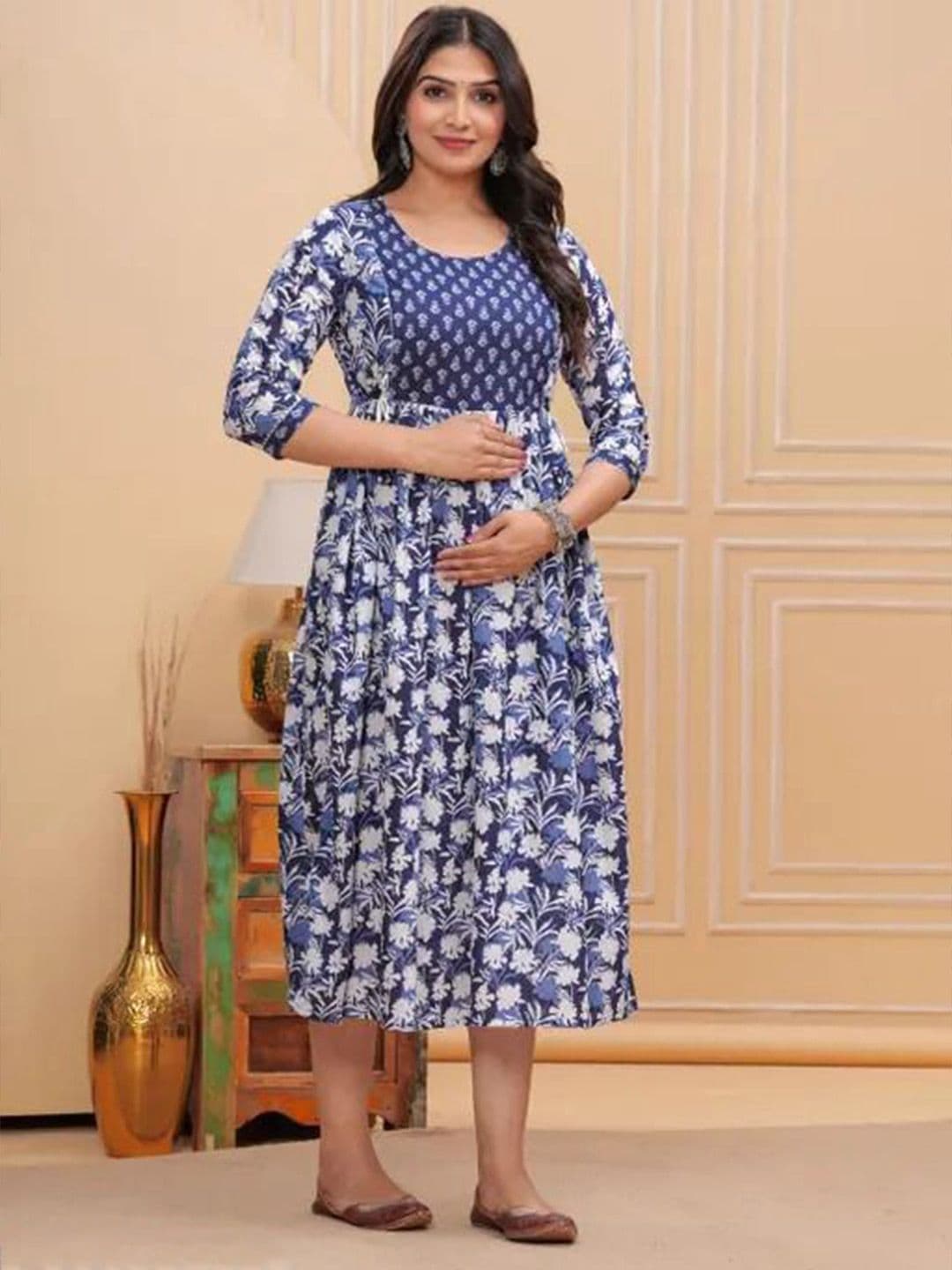 JALTHER Floral Printed Round Neck Fit and Flare Maternity Ethnic Dress thumbnail 2