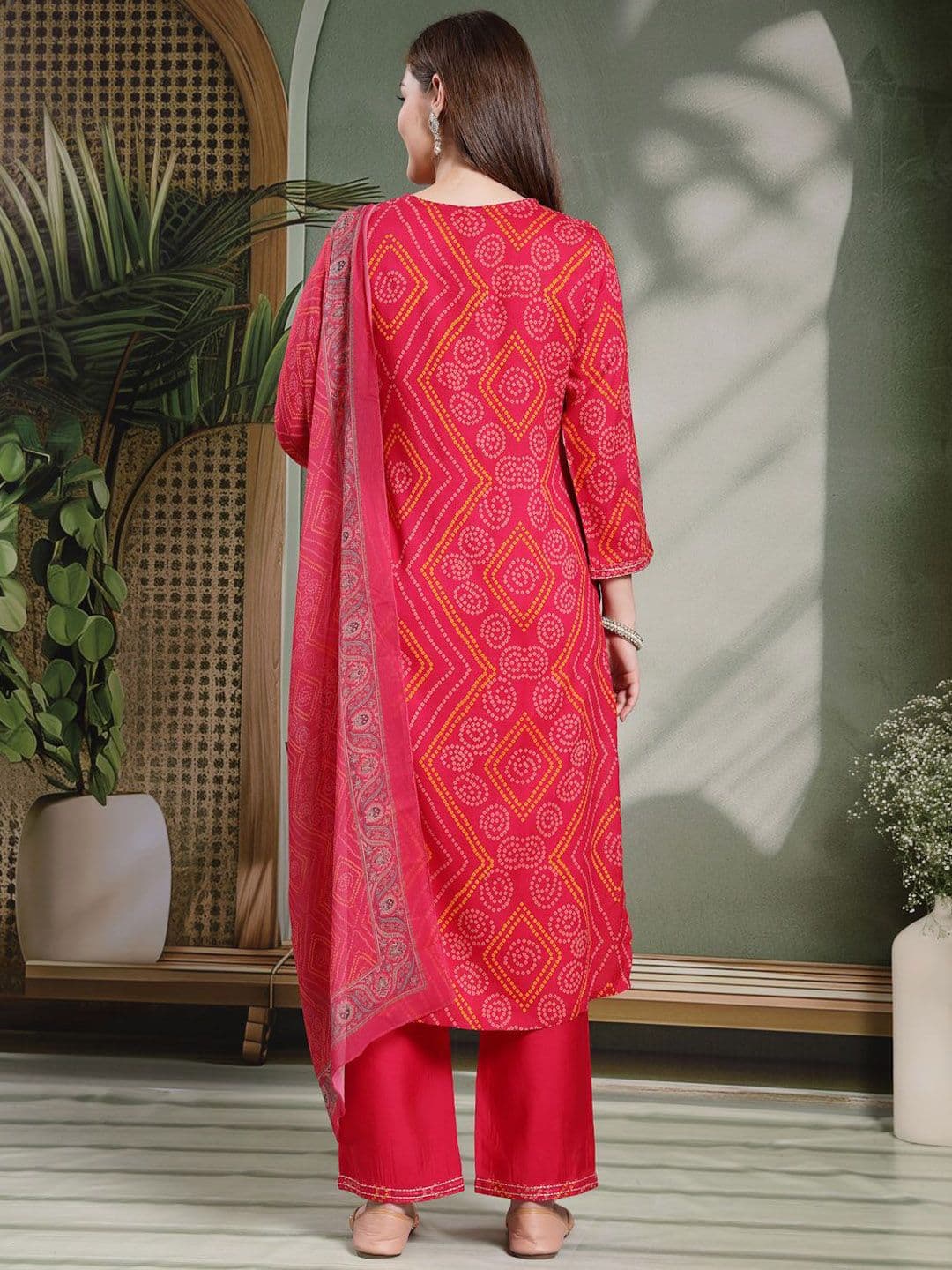 Nayam By Lakshita Women Bandhani Printed Mirror Work Kurta with Trousers & Dupatta thumbnail 3