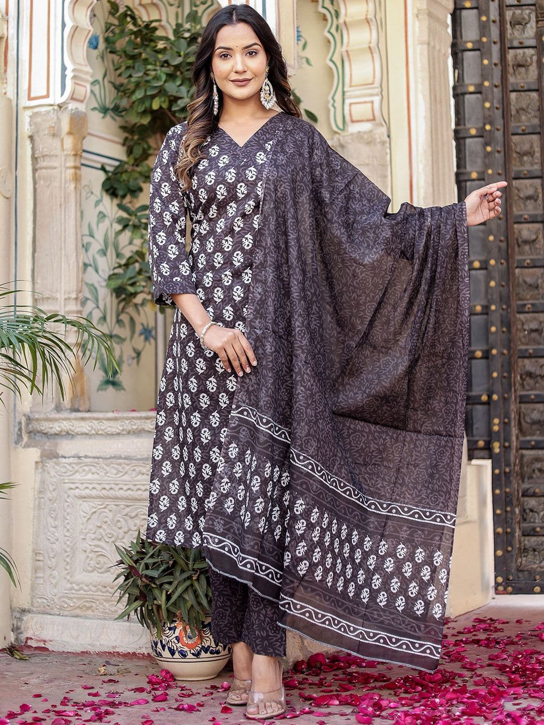 Moda Rapido Floral Printed V Neck Pure Cotton Kurta With Trousers & Dupatta - view 1
