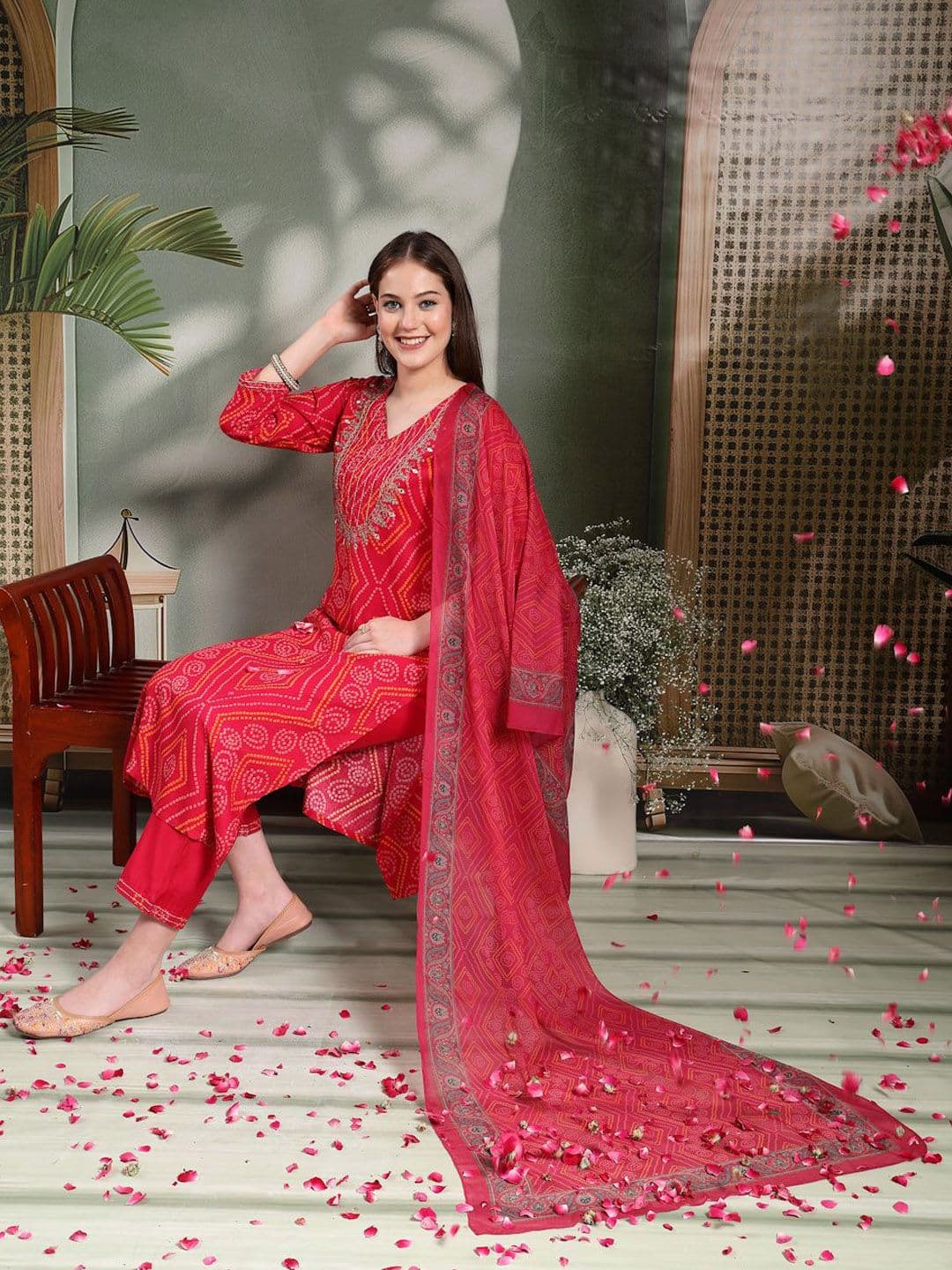 Nayam By Lakshita Women Bandhani Printed Mirror Work Kurta with Trousers & Dupatta thumbnail 5
