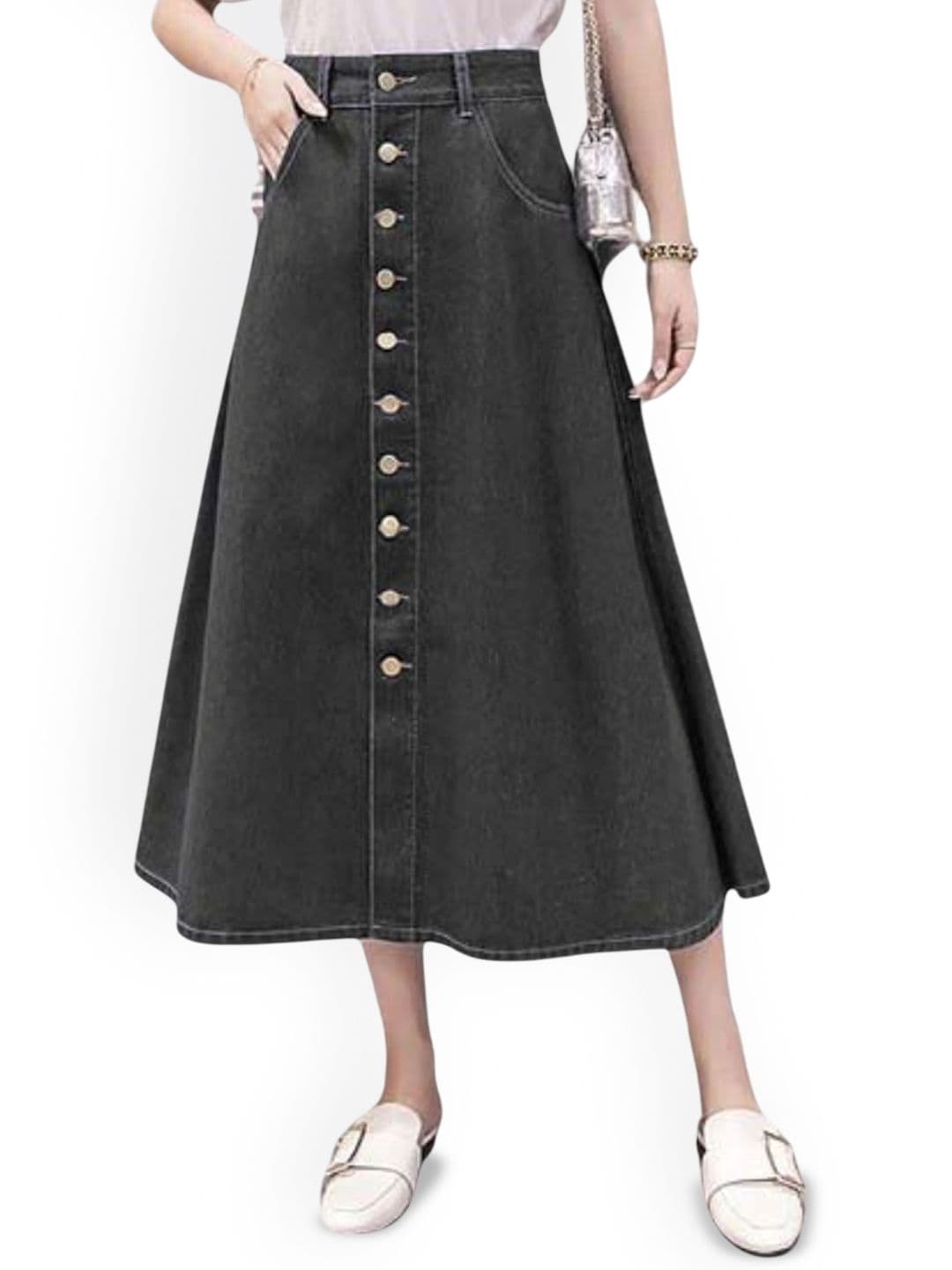 Tripursundari Fashion Denim High Waist A-Line Midi Skirt - view 1