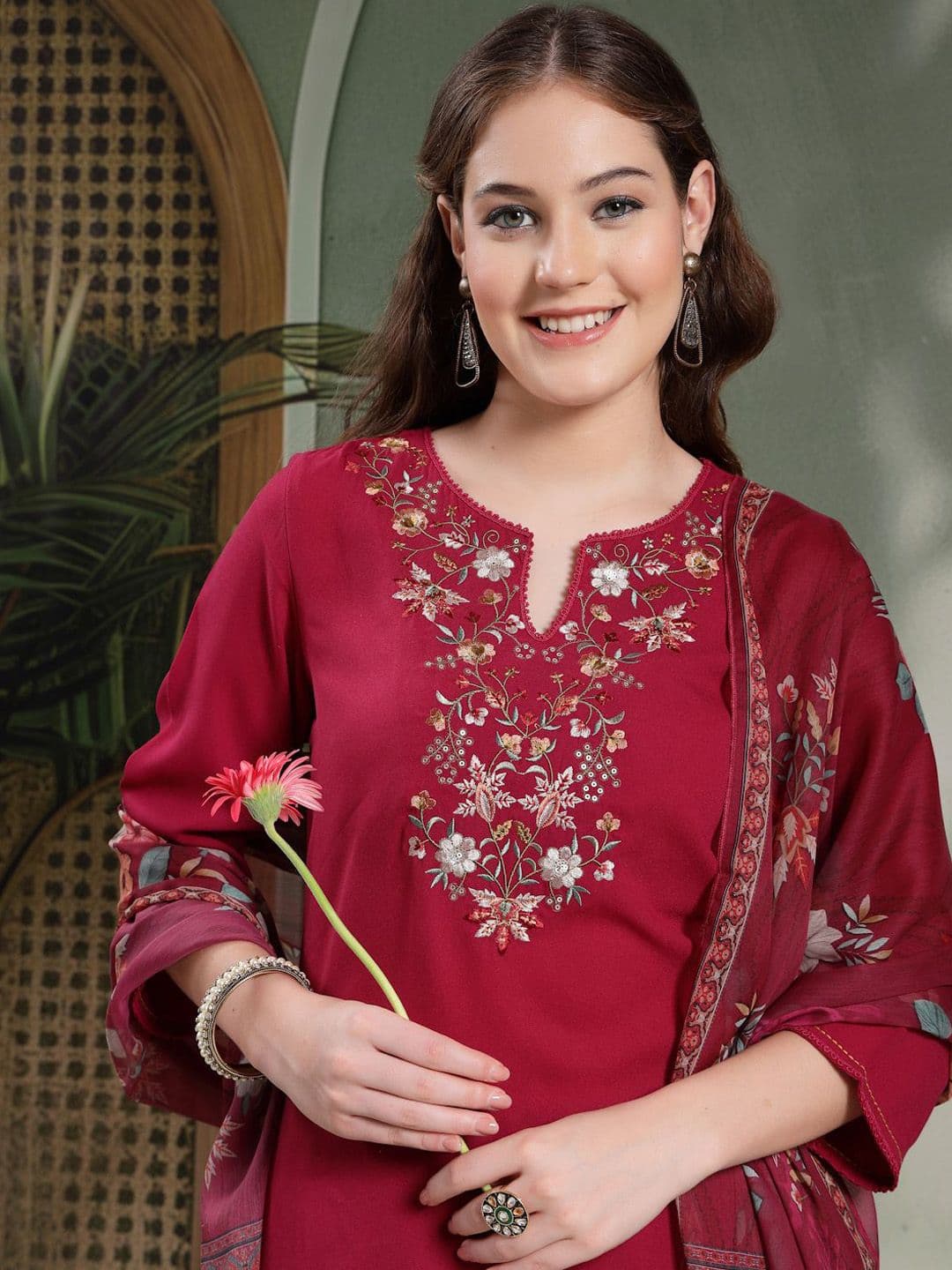 Nayam By Lakshita Solid Embroidered Straight Calf Length Silk Kurta Set with Dupatta for Women thumbnail 4