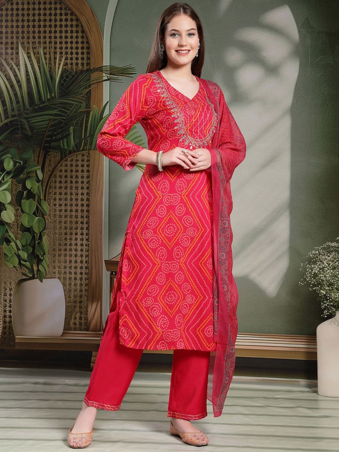 Nayam By Lakshita Women Bandhani Printed Mirror Work Kurta with Trousers & Dupatta - view 1