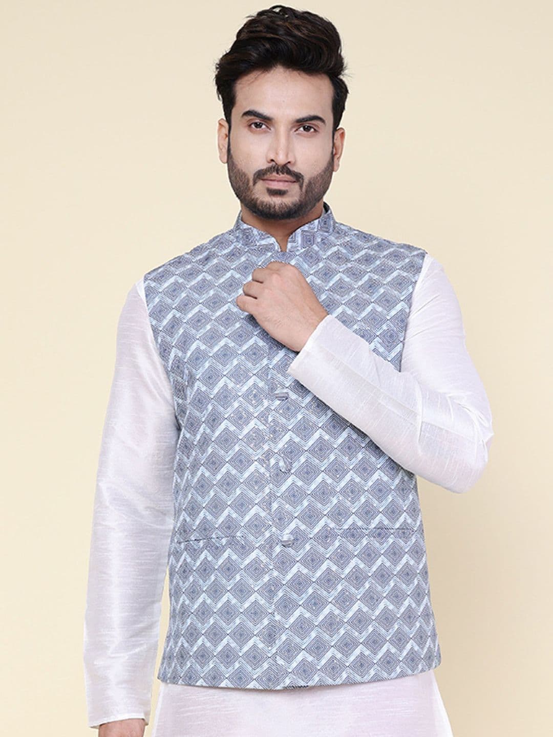 W & G Woven Design Mandarin Collar Nehru Jacket - view 1