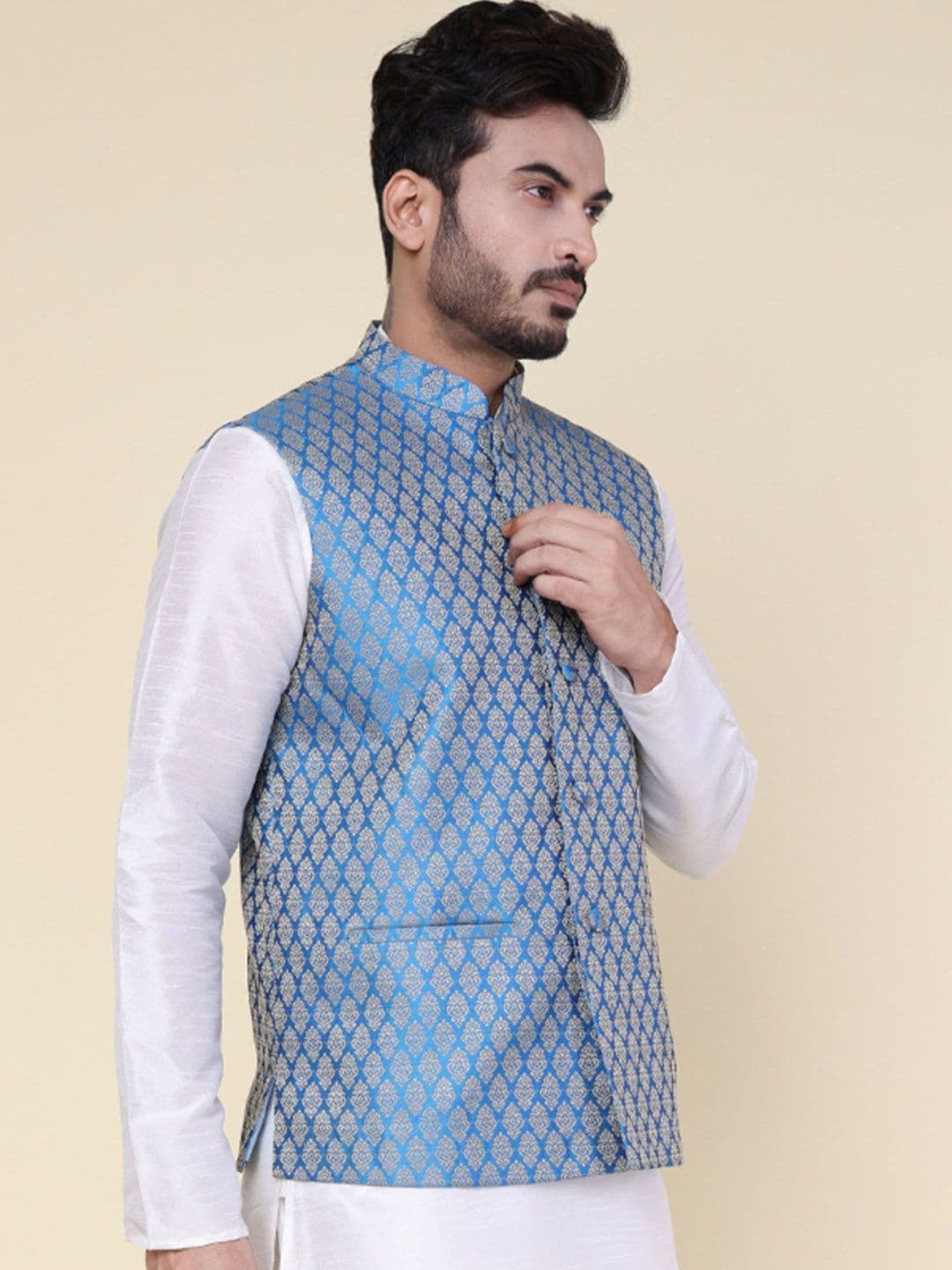 W & G Woven Design Mandarin Collar Nehru Jacket thumbnail 2