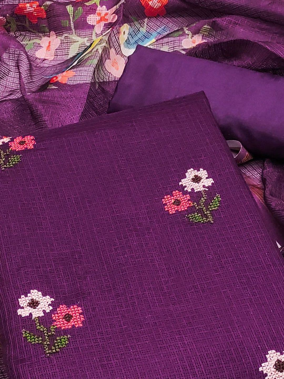 Peachmode Floral Embroidered Thread Work Unstitched Dress Material thumbnail 2