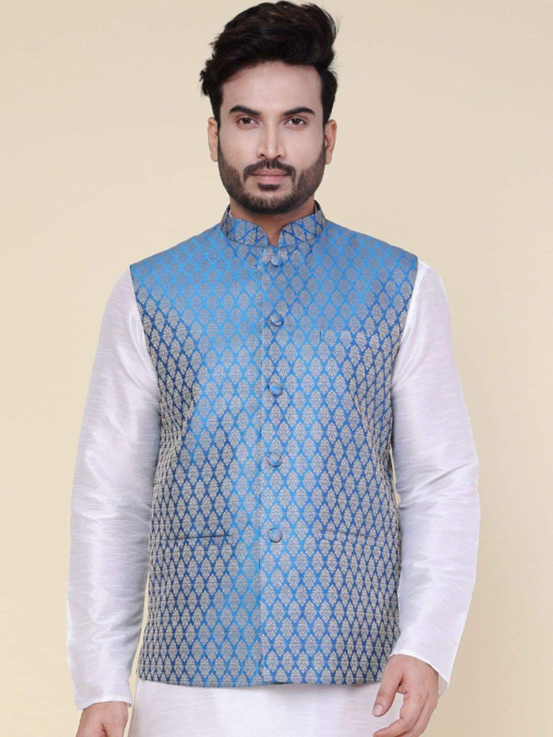 W & G Woven Design Mandarin Collar Nehru Jacket - view 1