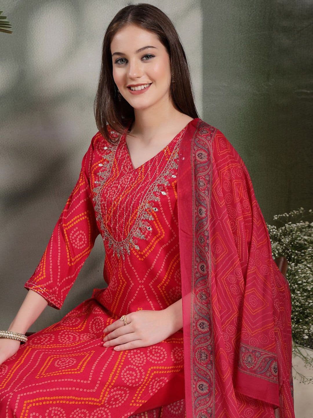 Nayam By Lakshita Women Bandhani Printed Mirror Work Kurta with Trousers & Dupatta thumbnail 4