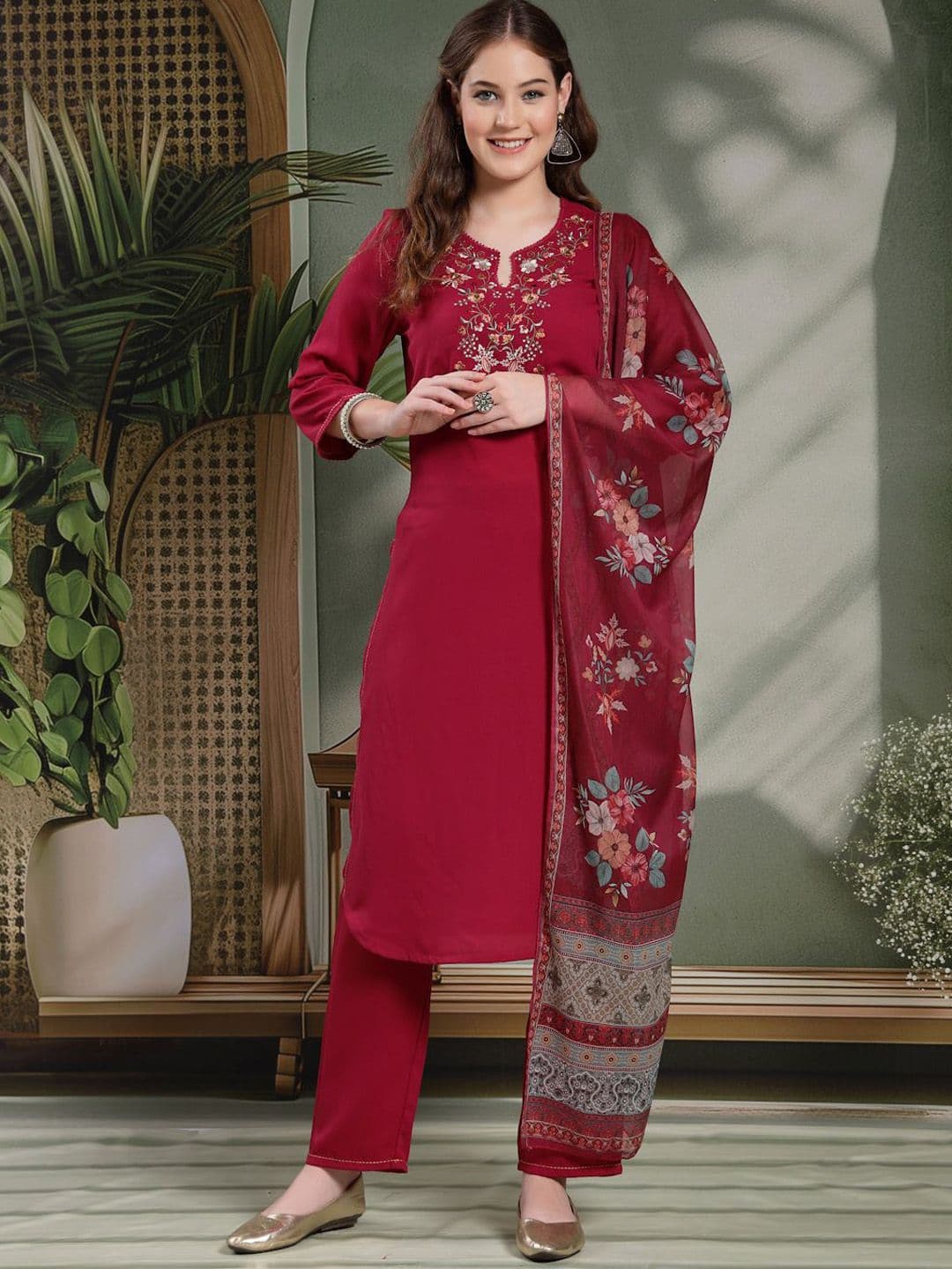 Nayam By Lakshita Solid Embroidered Straight Calf Length Silk Kurta Set with Dupatta for Women - view 1