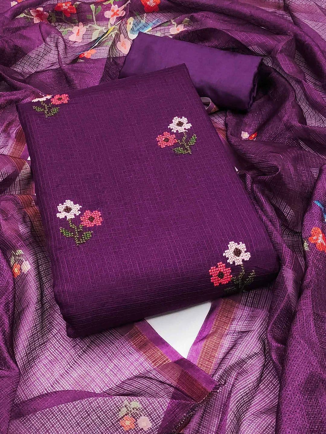 Peachmode Floral Embroidered Thread Work Unstitched Dress Material - view 1