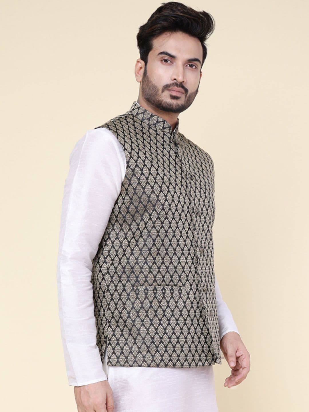 W & G Woven Design Mandarin Collar Nehru Jacket thumbnail 4