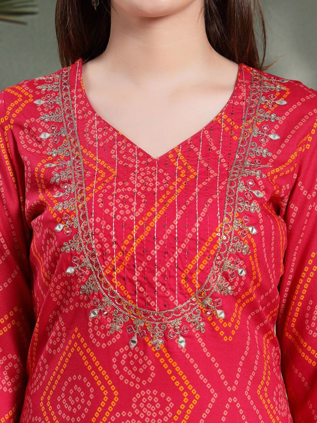 Nayam By Lakshita Women Bandhani Printed Mirror Work Kurta with Trousers & Dupatta thumbnail 7