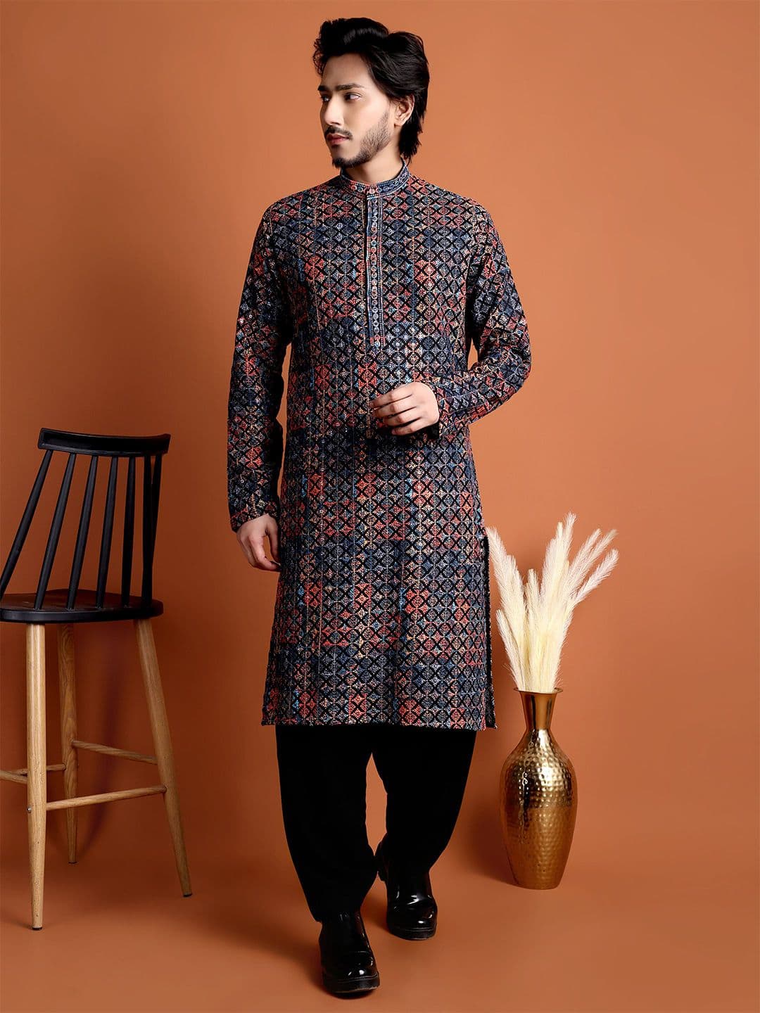 Tibra Men Embroidered Band Collar Kurta - view 1