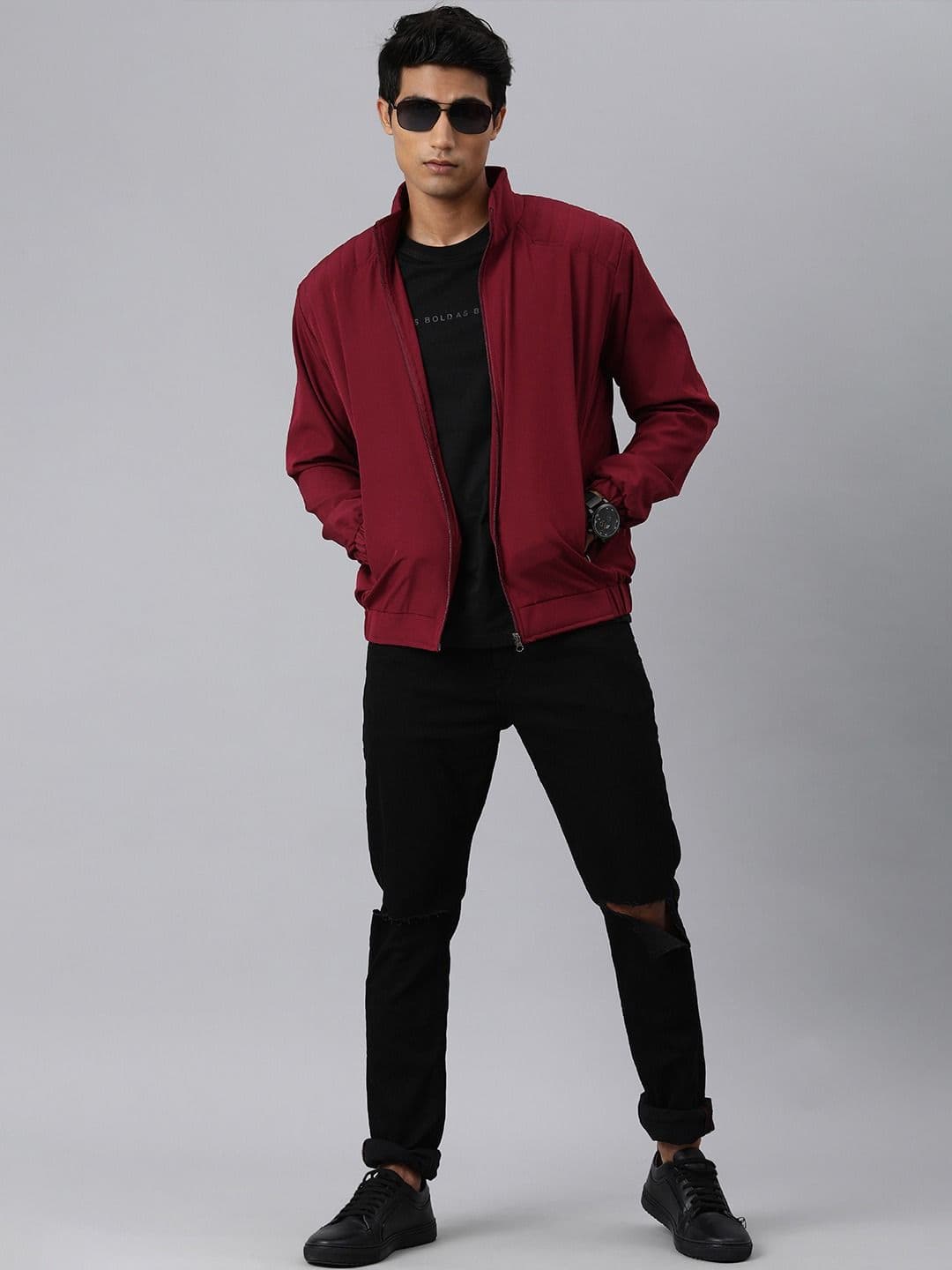VOXATI Men Solid Mock Collar Bomber Windcheater Jacket thumbnail 5
