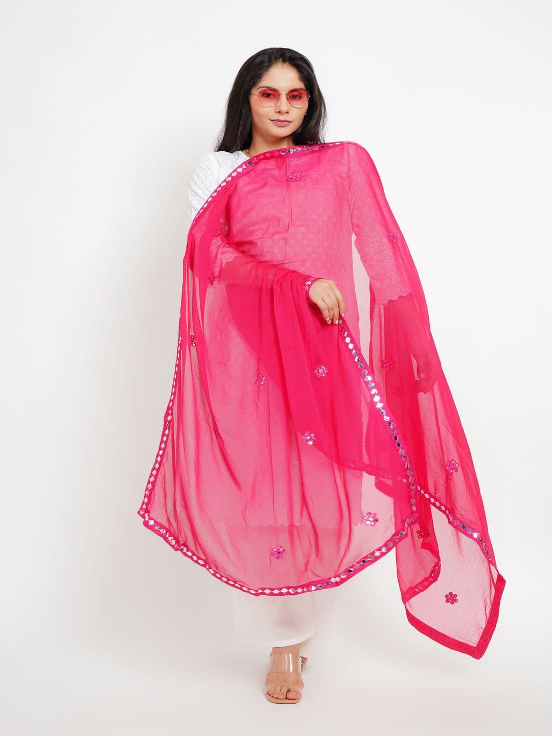 Karthav Fashion Floral Embroidered Mirror Work Chiffon Barfi Dupatta - view 1