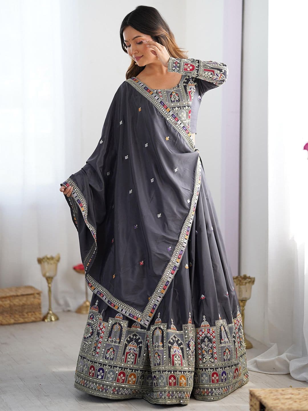 SHOPGARB Embroidered Semi-Stitched Lehenga & Unstitched Blouse With Dupatta thumbnail 4