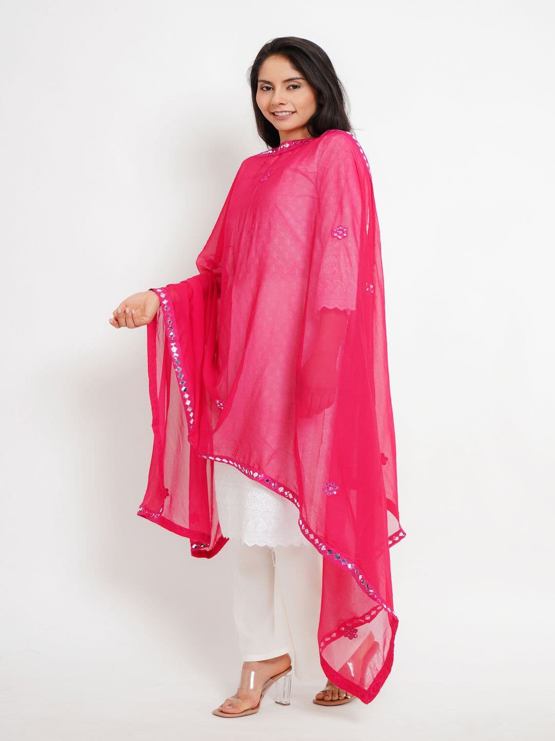 Karthav Fashion Floral Embroidered Mirror Work Chiffon Barfi Dupatta thumbnail 4