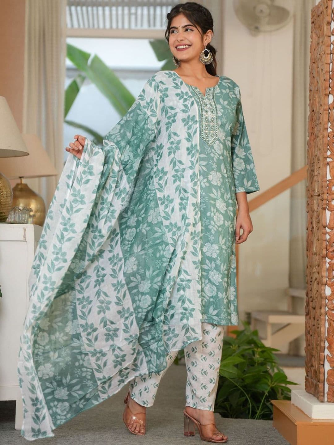 ARANGETRAM Floral Printed Regular Pure Cotton Straight Kurta With Trousers & Dupatta thumbnail 3