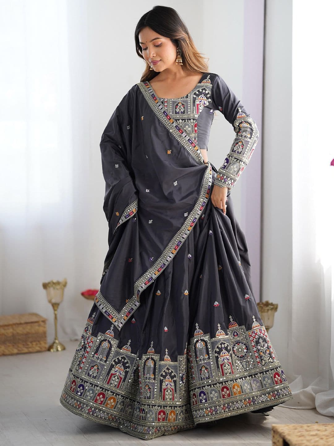 SHOPGARB Embroidered Semi-Stitched Lehenga & Unstitched Blouse With Dupatta thumbnail 3