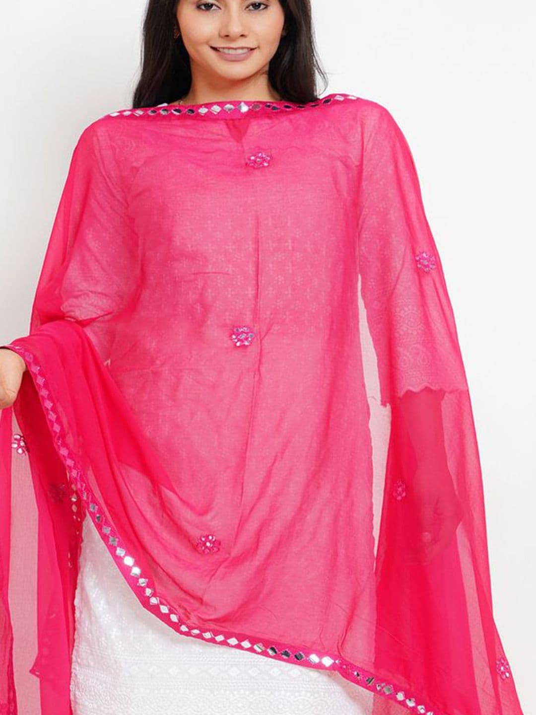 Karthav Fashion Floral Embroidered Mirror Work Chiffon Barfi Dupatta thumbnail 5