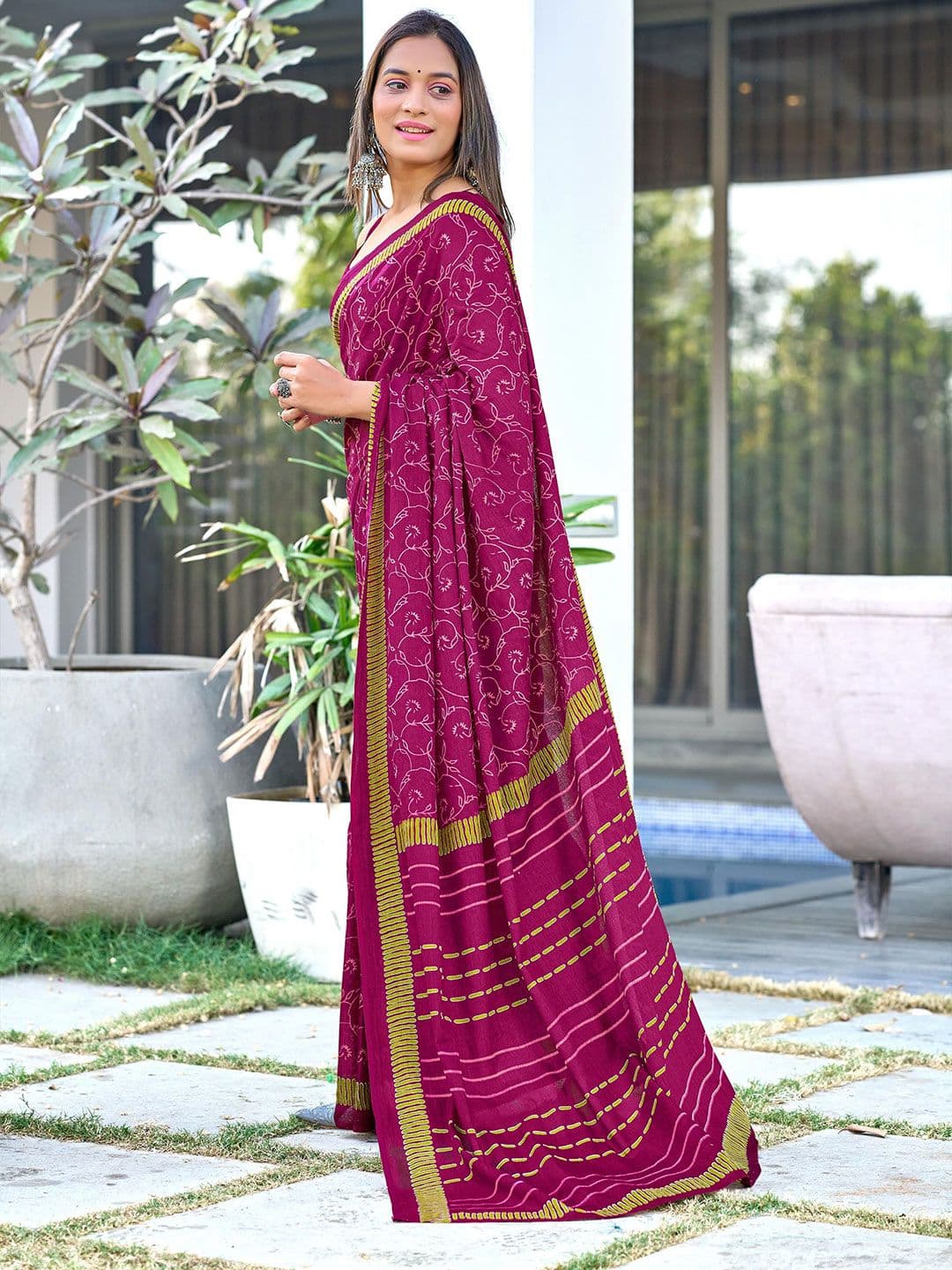 KALINI Floral Block Printed 1-Minute Ready to Wear Mulmul Cotton Saree With Blouse thumbnail 5