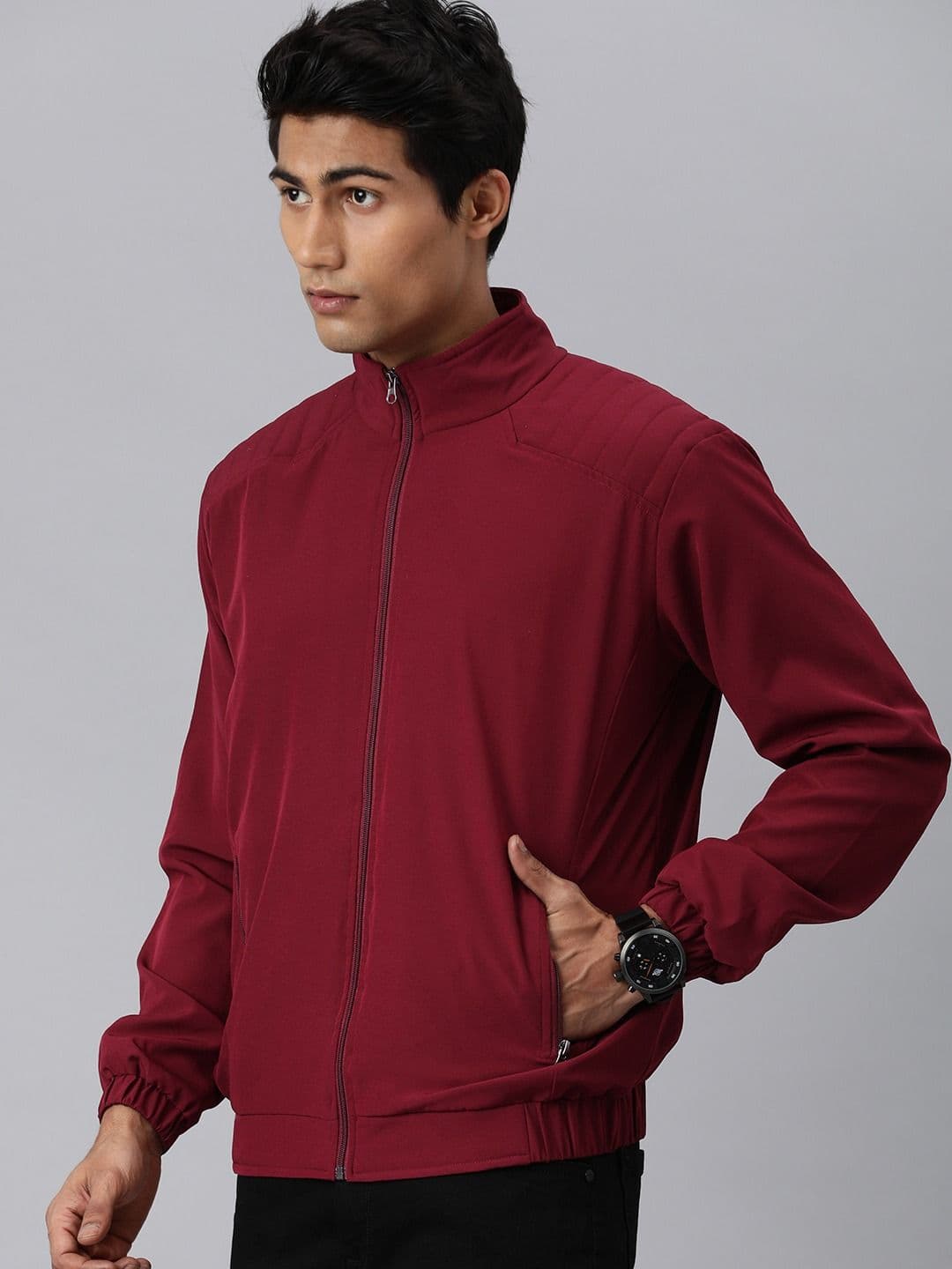VOXATI Men Solid Mock Collar Bomber Windcheater Jacket thumbnail 6