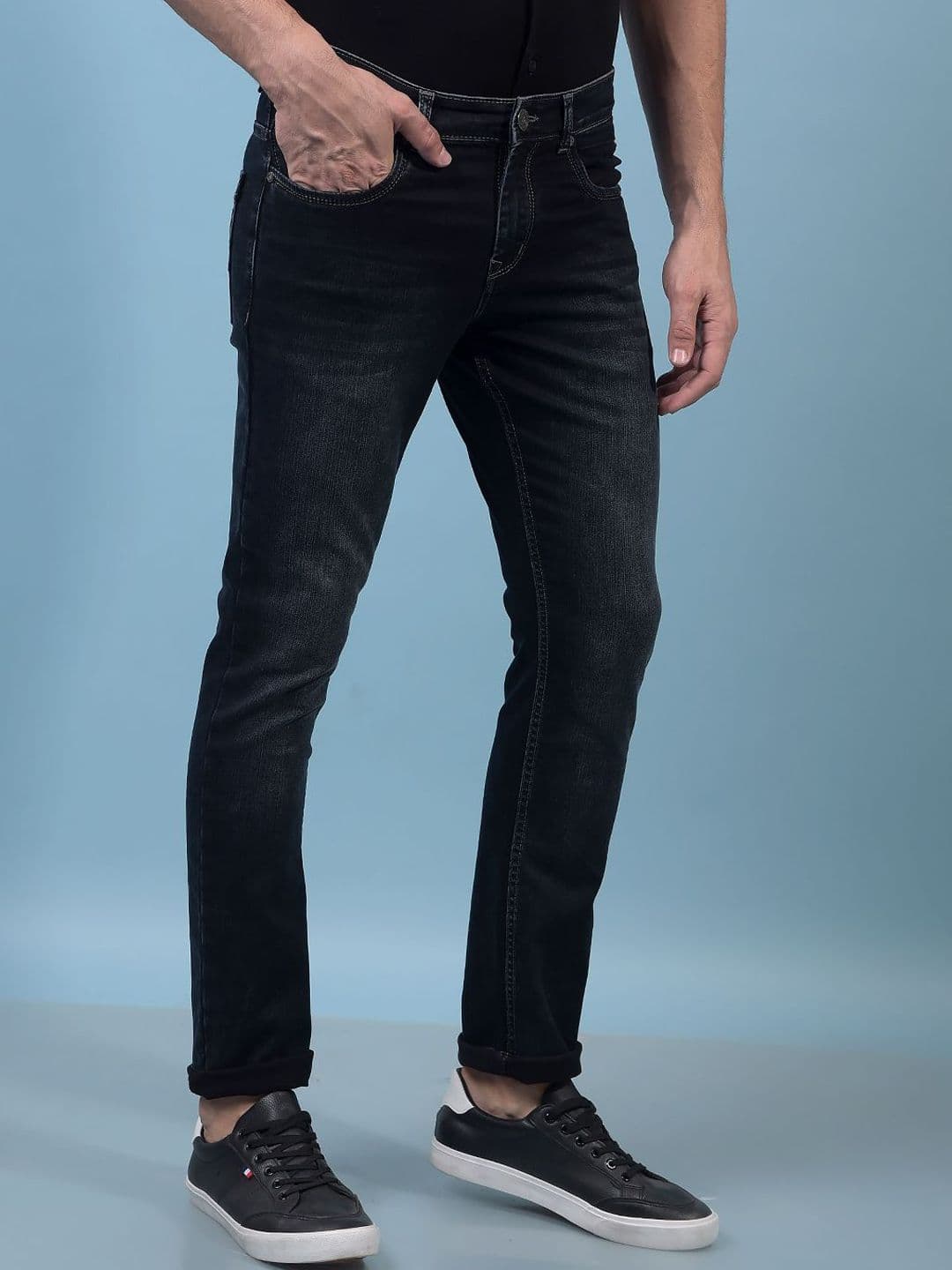 Crimsoune Club Men Slim Fit Mid-Rise Heavy Fade Stretchable Clean Look Dark Shade Jeans thumbnail 7