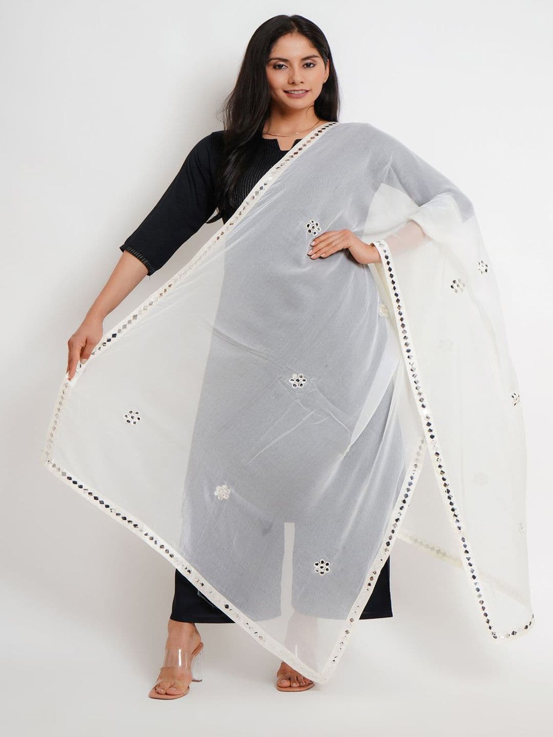 Karthav Fashion Floral Embroidered Mirror Work Chiffon Barfi Dupatta - view 1