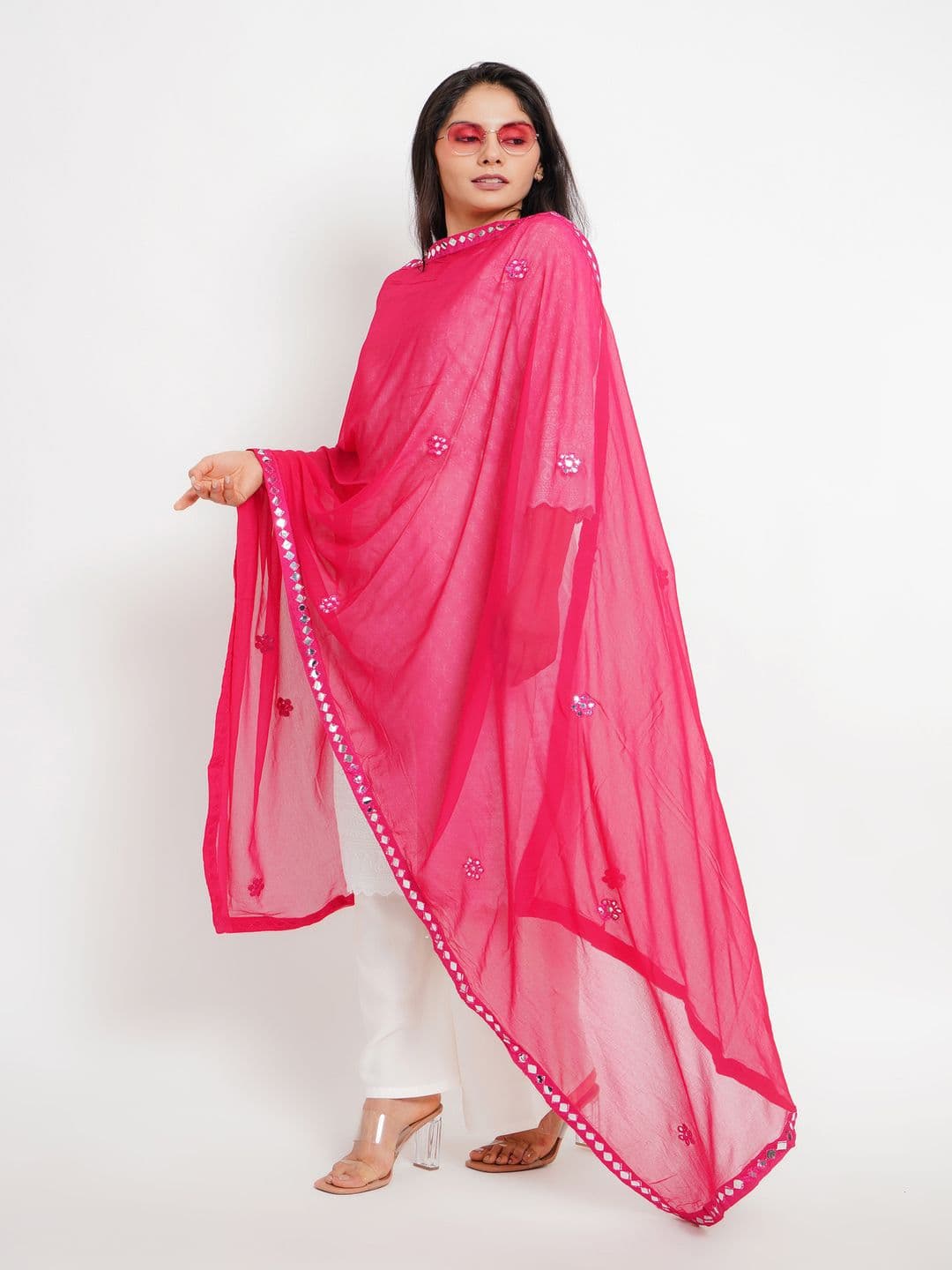 Karthav Fashion Floral Embroidered Mirror Work Chiffon Barfi Dupatta thumbnail 3