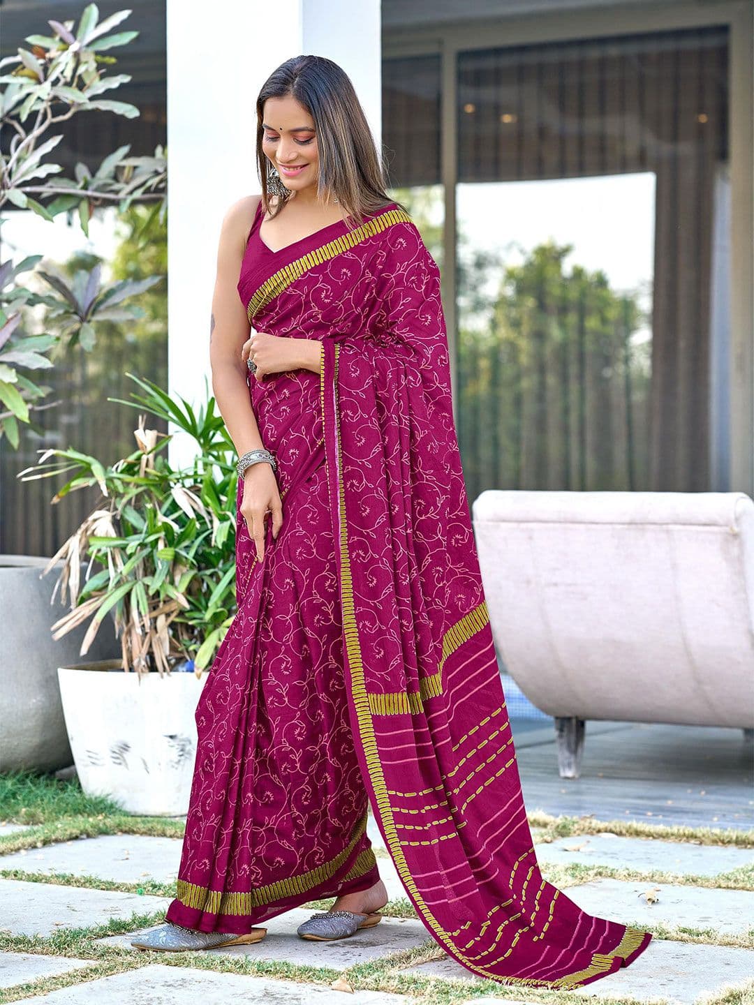KALINI Floral Block Printed 1-Minute Ready to Wear Mulmul Cotton Saree With Blouse - view 1