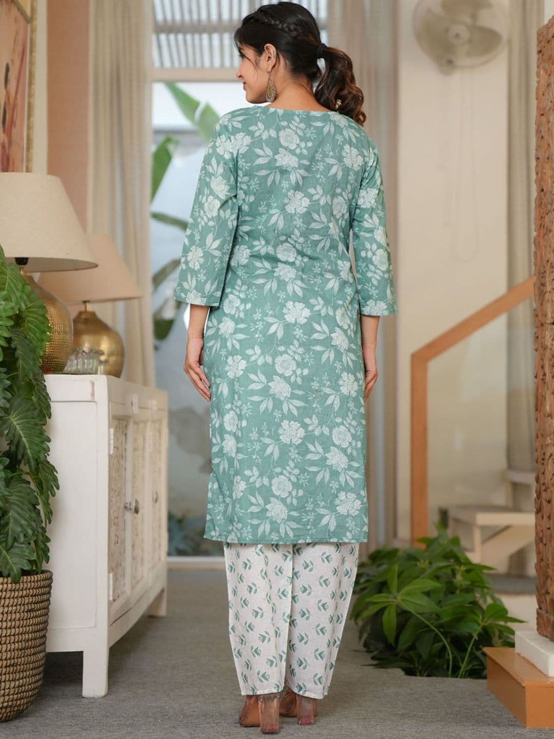 ARANGETRAM Floral Printed Regular Pure Cotton Straight Kurta With Trousers & Dupatta thumbnail 5