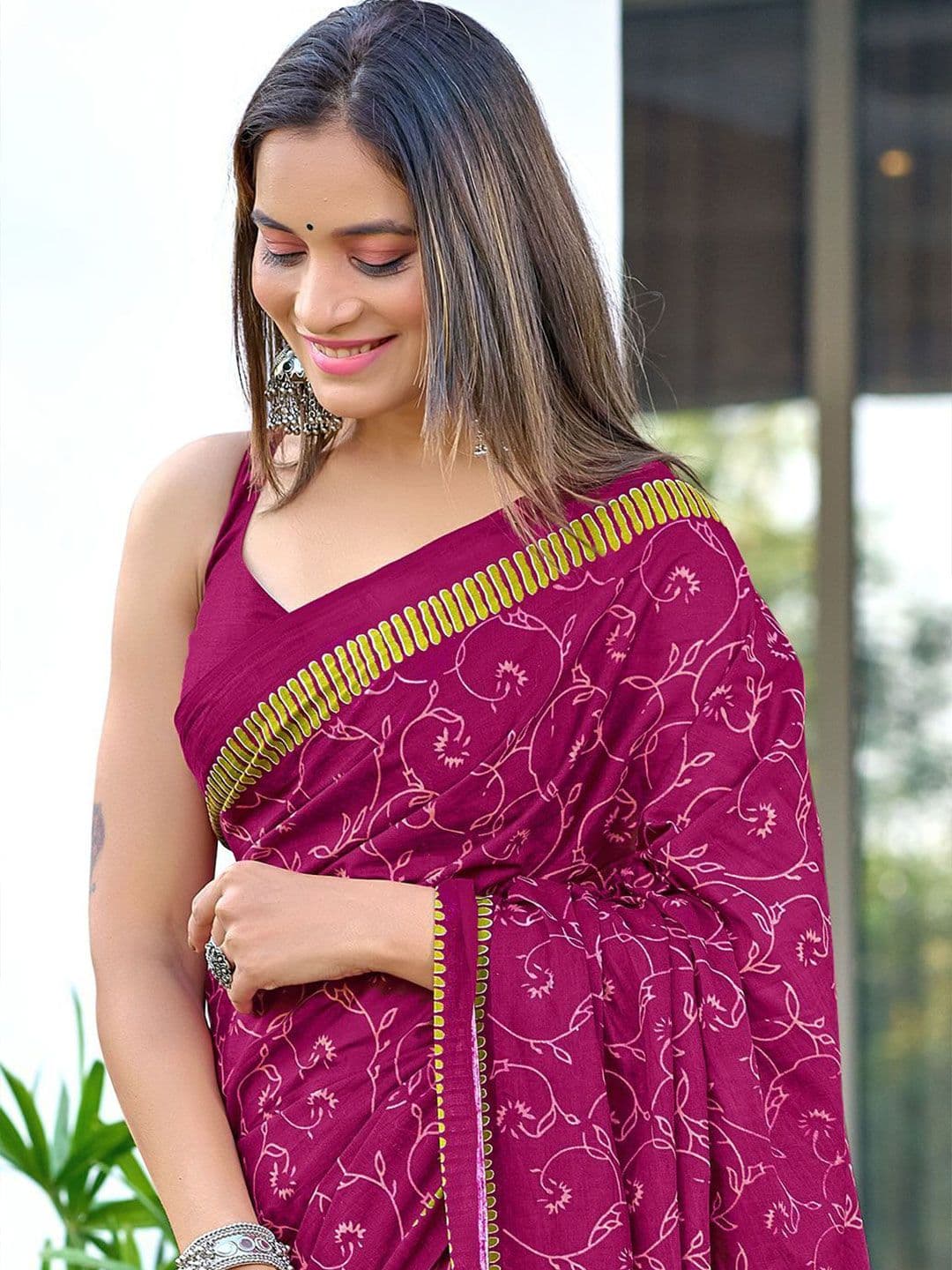 KALINI Floral Block Printed 1-Minute Ready to Wear Mulmul Cotton Saree With Blouse thumbnail 2