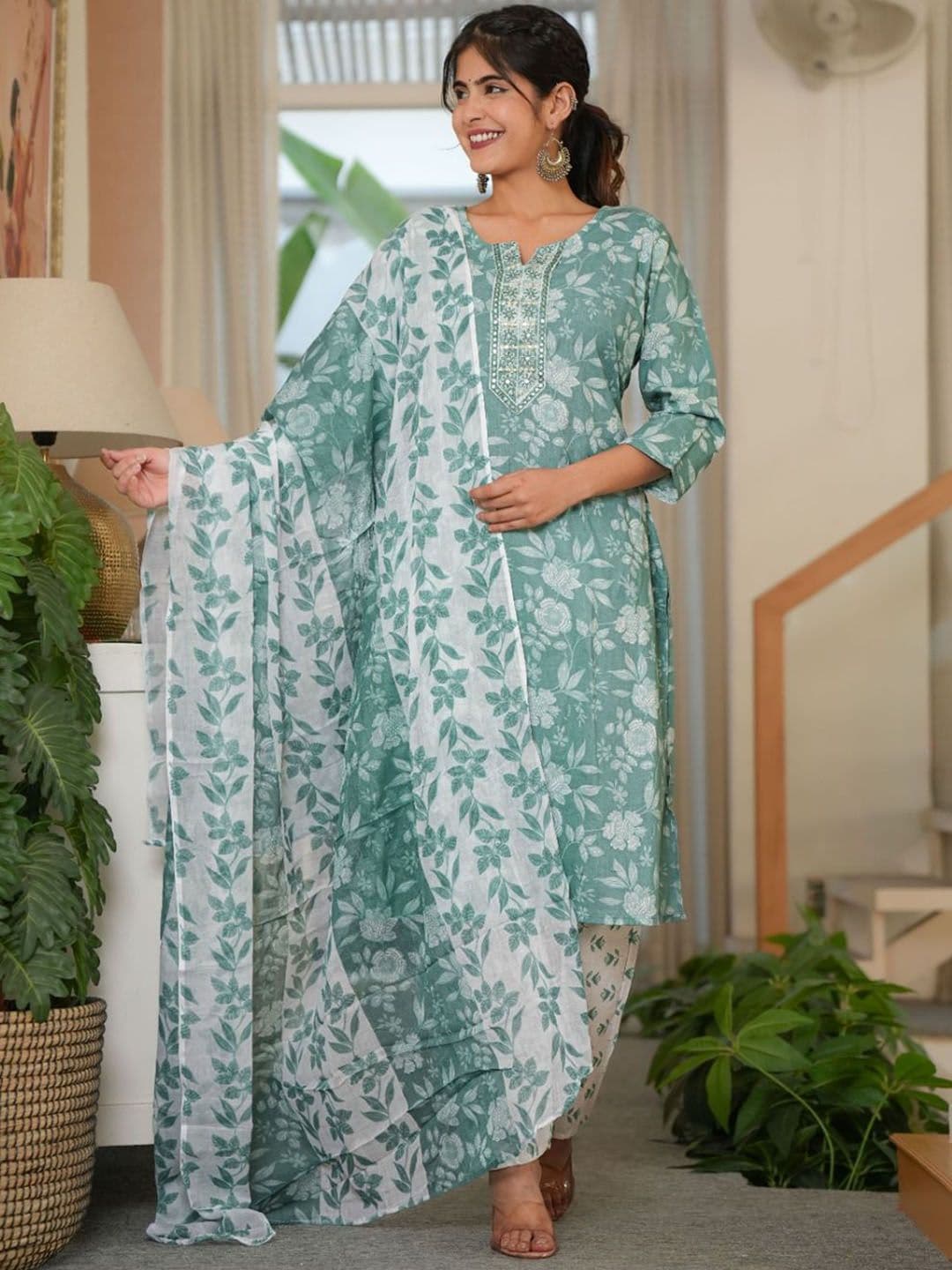 ARANGETRAM Floral Printed Regular Pure Cotton Straight Kurta With Trousers & Dupatta - view 1