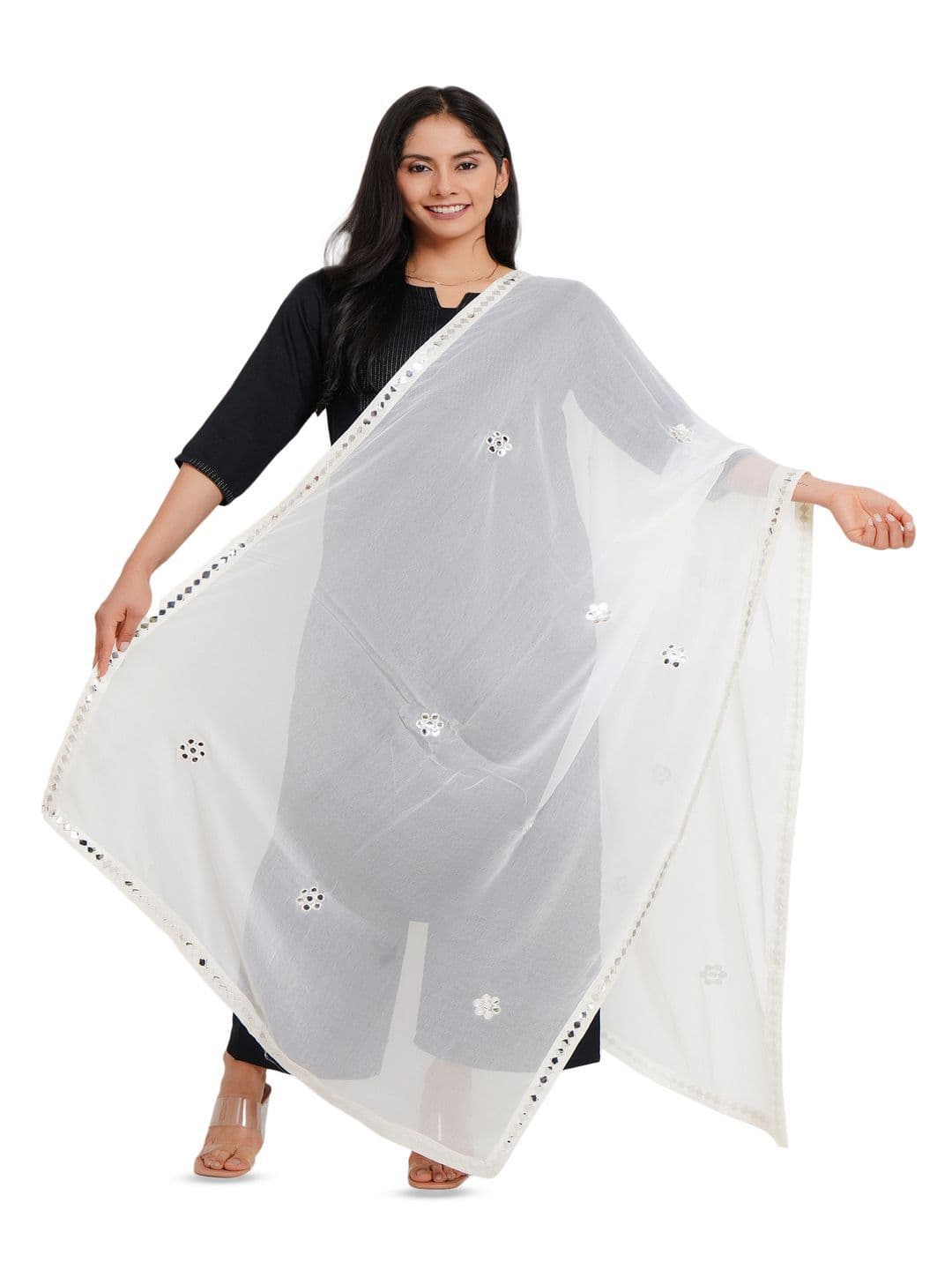 Karthav Fashion Floral Embroidered Mirror Work Chiffon Barfi Dupatta thumbnail 4