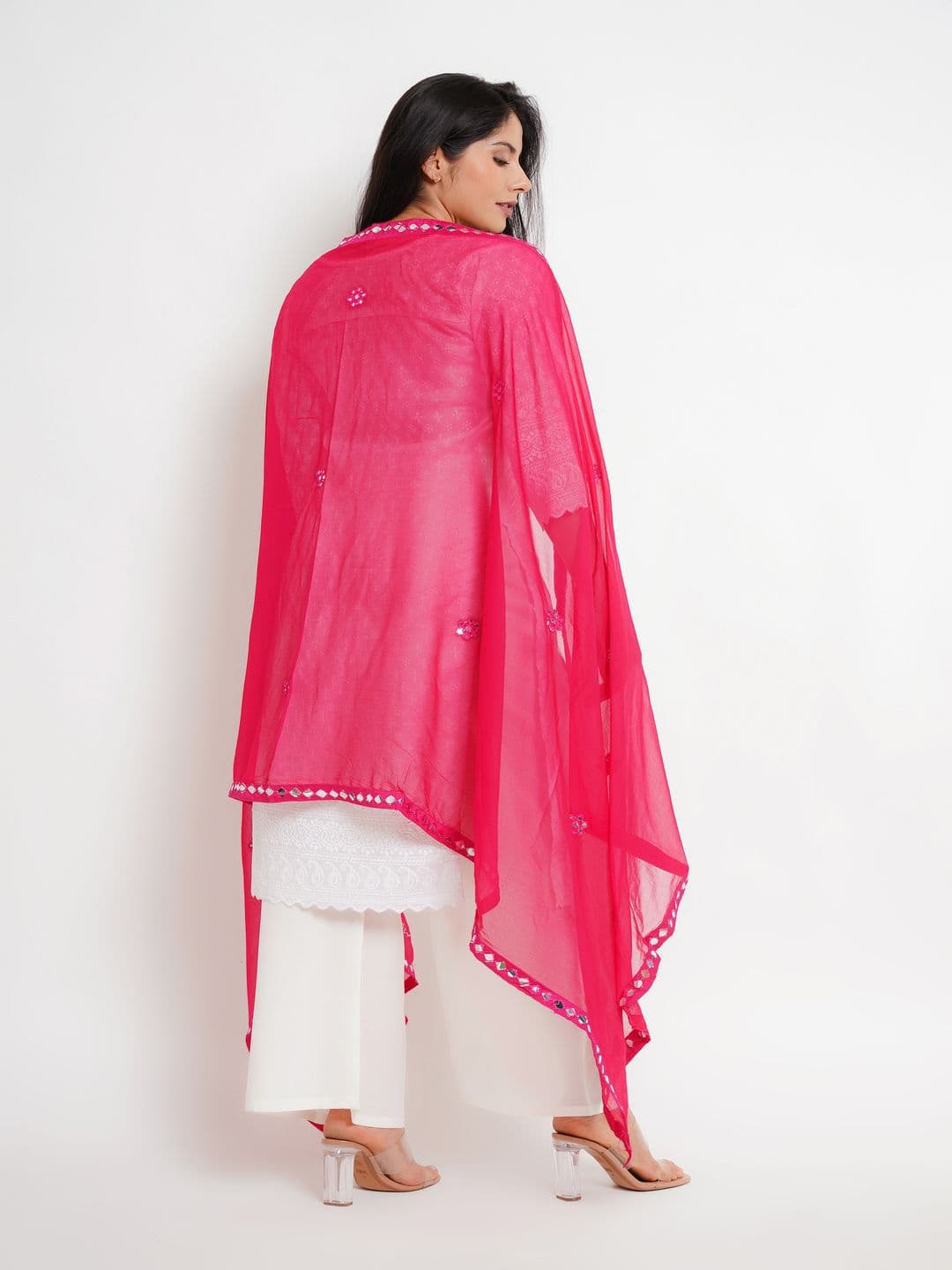 Karthav Fashion Floral Embroidered Mirror Work Chiffon Barfi Dupatta thumbnail 2