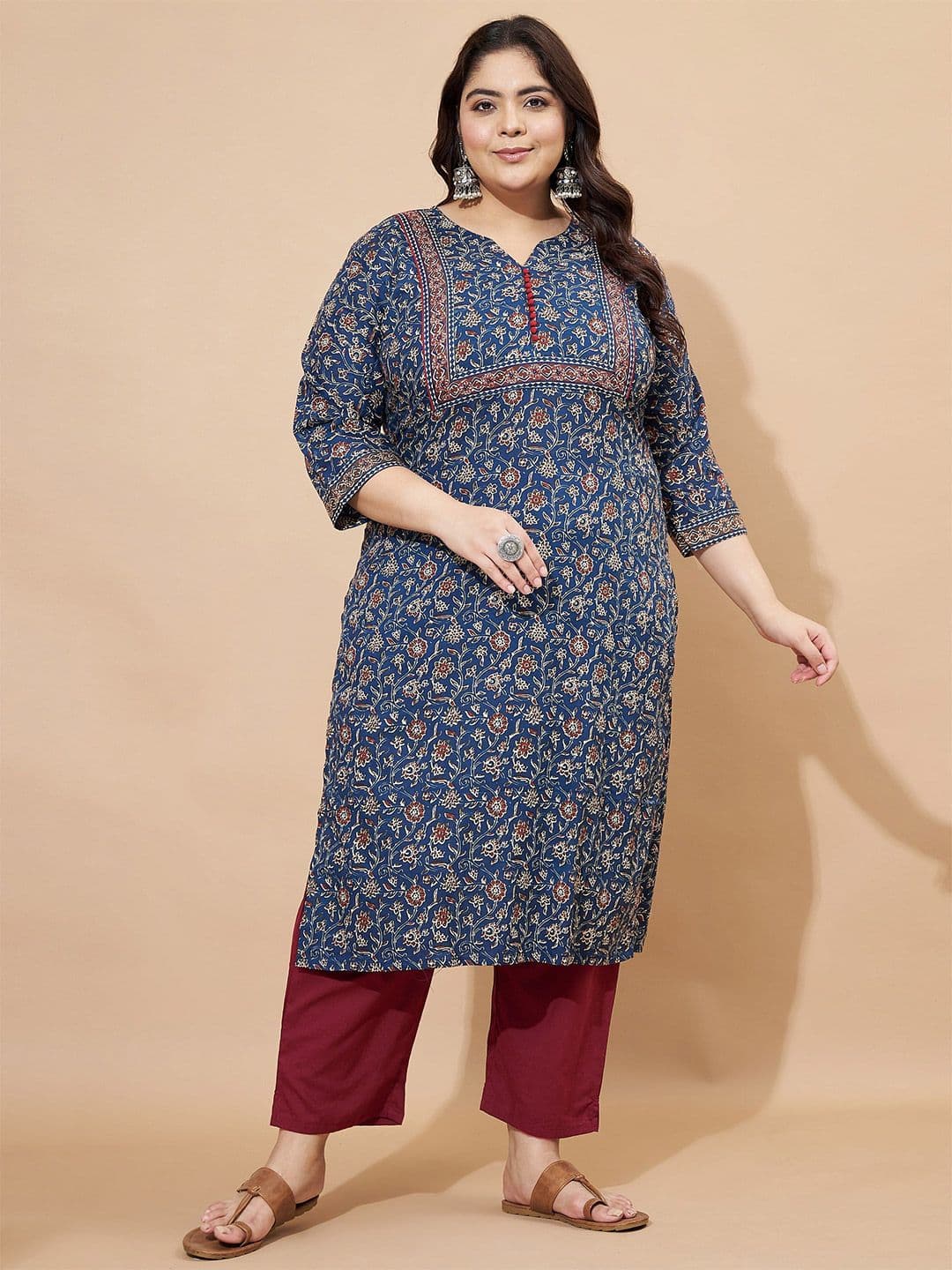 KALINI Plus Size Floral Printed Notch Neck Straight Pure Cotton Kurta - view 1