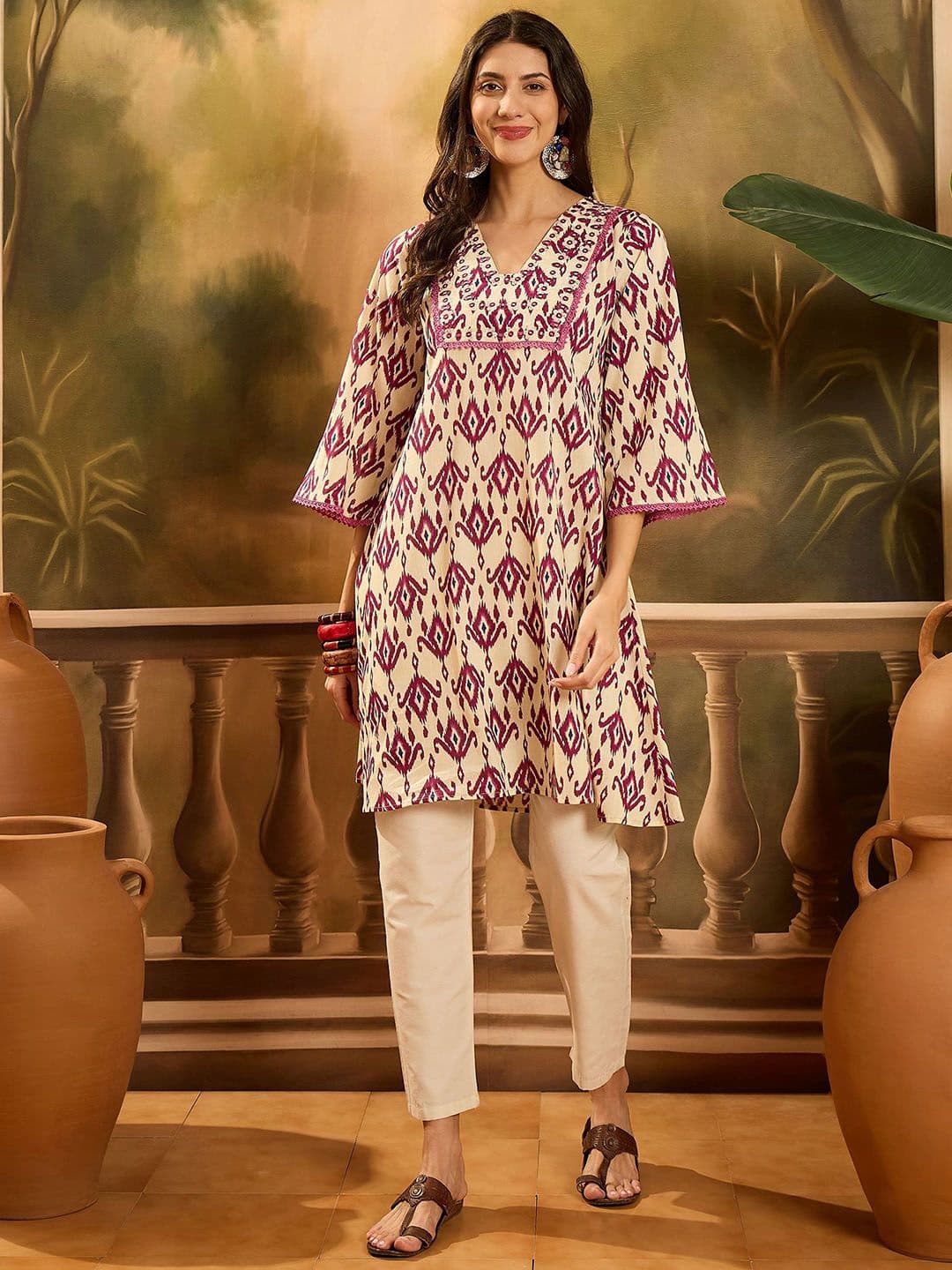 Sangria Ethnic Motifs Printed V-Neck Flared Sleeves Cotton A-Line Kurta thumbnail 5