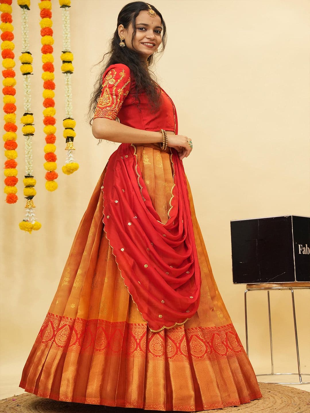 Fabcartz Embroidered Semi-Stitched Lehenga & Unstitched Blouse With Dupatta thumbnail 4