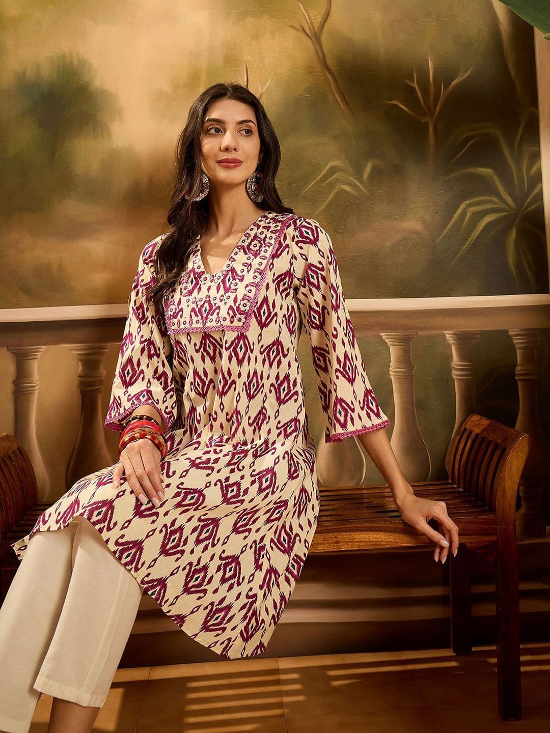 Sangria Ethnic Motifs Printed V-Neck Flared Sleeves Cotton A-Line Kurta thumbnail 2