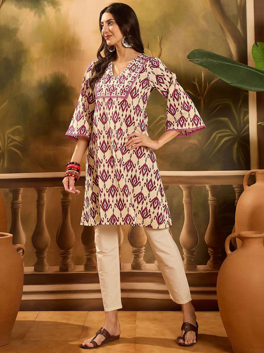 Sangria Ethnic Motifs Printed V-Neck Flared Sleeves Cotton A-Line Kurta thumbnail 6