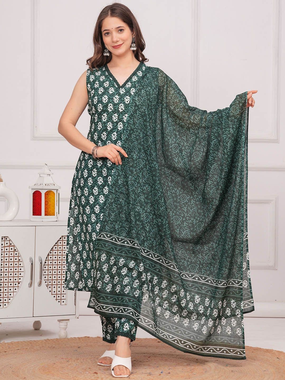 Moda Rapido Women Floral Printed Cotton Kurta with Trousers & Dupatta - view 1