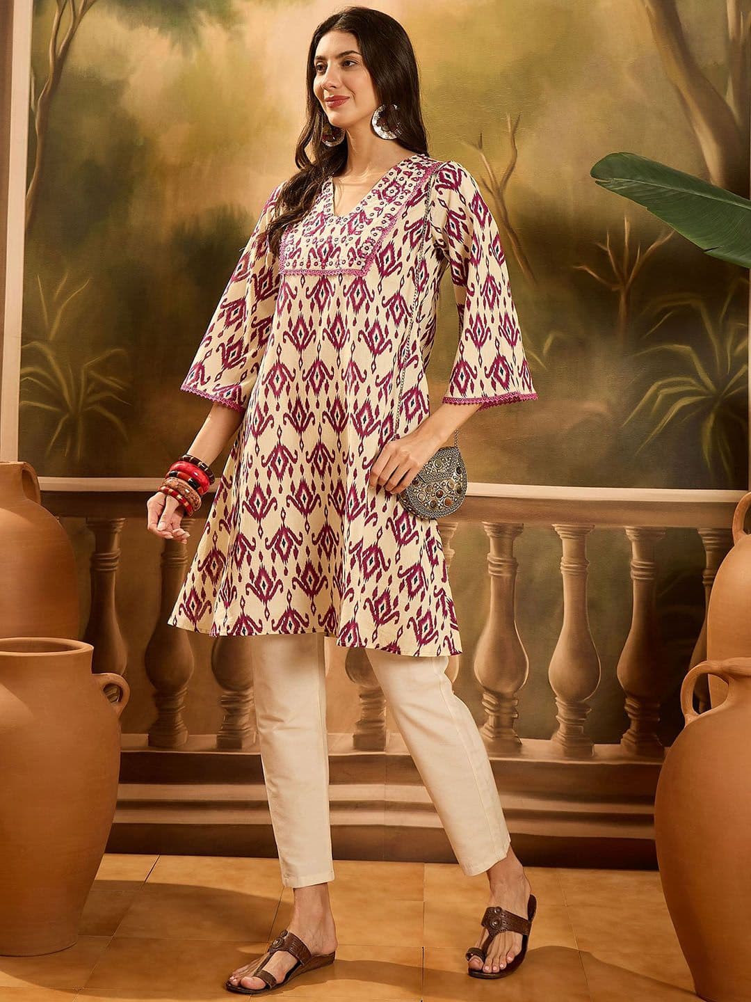 Sangria Ethnic Motifs Printed V-Neck Flared Sleeves Cotton A-Line Kurta thumbnail 3