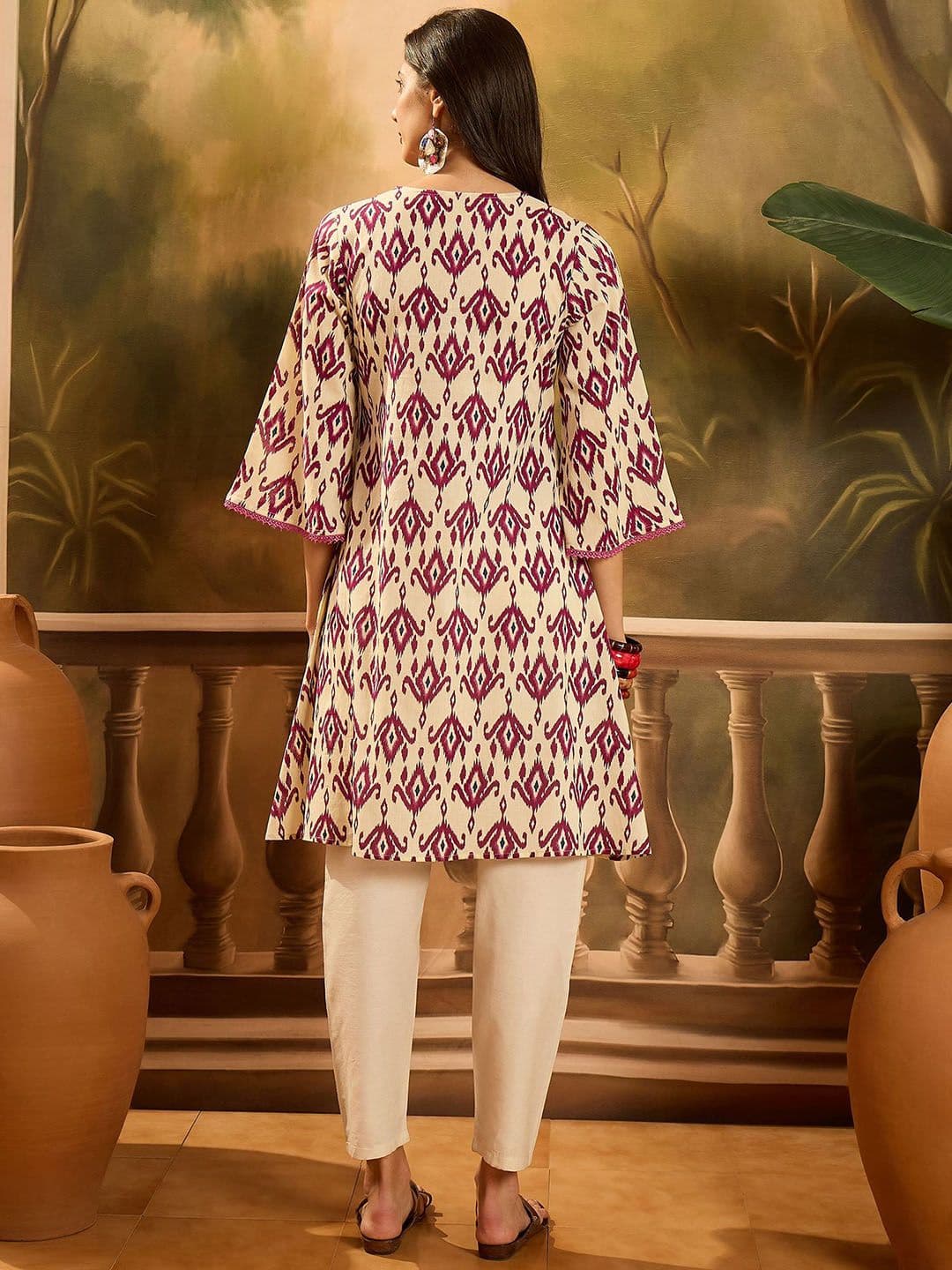 Sangria Ethnic Motifs Printed V-Neck Flared Sleeves Cotton A-Line Kurta thumbnail 4