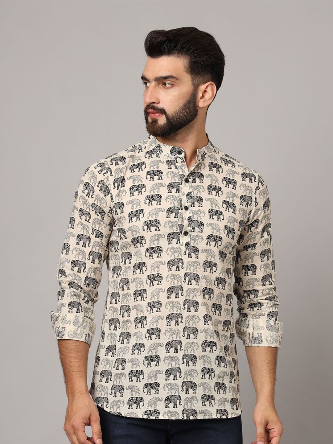 JAPER KURTI Ethnic Motifs Printed Band Collar Pure Cotton Short Kurta - view 1