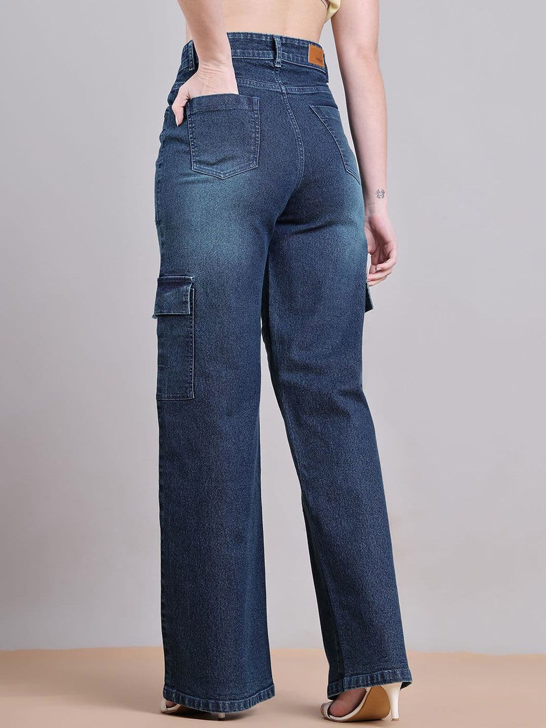 PUELLA Women Straight Fit High-Rise Light Fade Stretchable Cargo Styles Jeans thumbnail 7