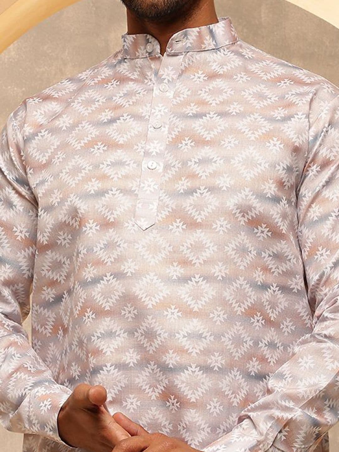 SOJANYA Geometric Printed Band Collar Cotton Linen Straight Kurta thumbnail 7