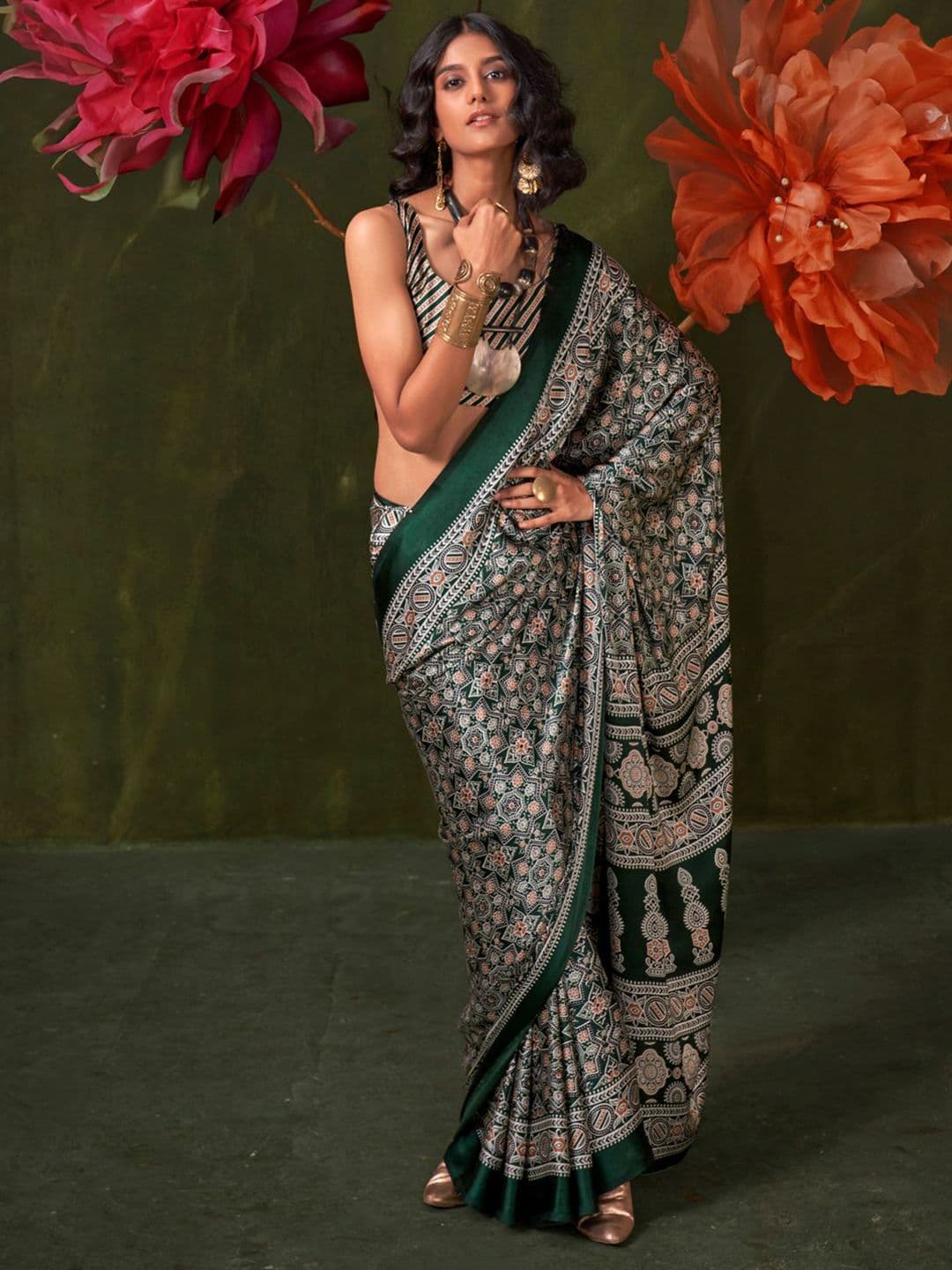 Mitera Ethnic Motifs Ajrak Block Print Saree - view 1
