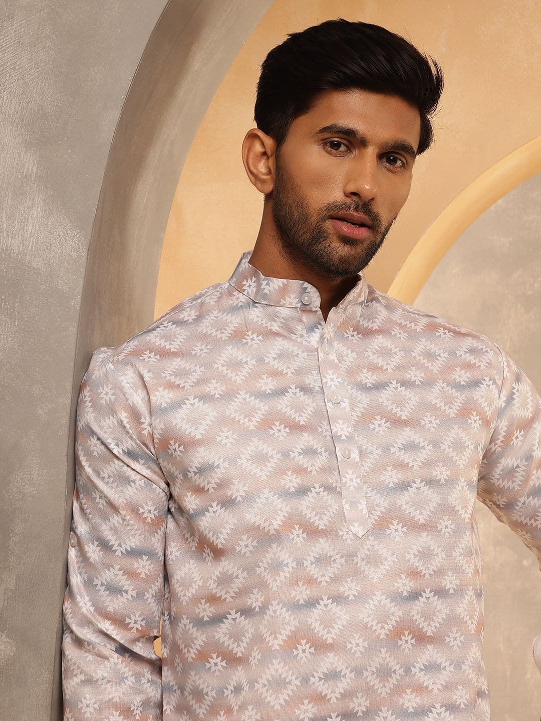 SOJANYA Geometric Printed Band Collar Cotton Linen Straight Kurta - view 1